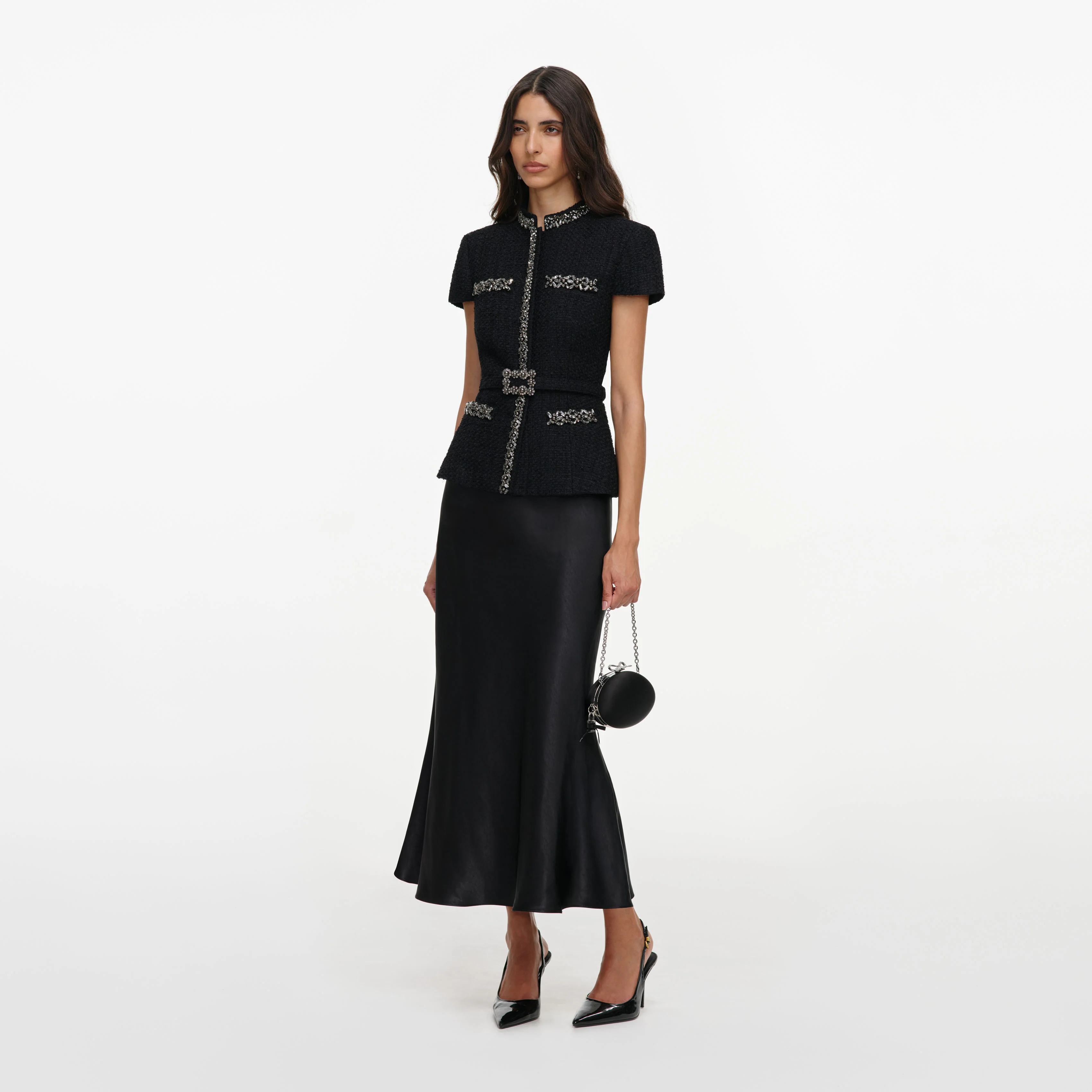Black Boucle Crystal Trim Satin Midi Dress - Image 2