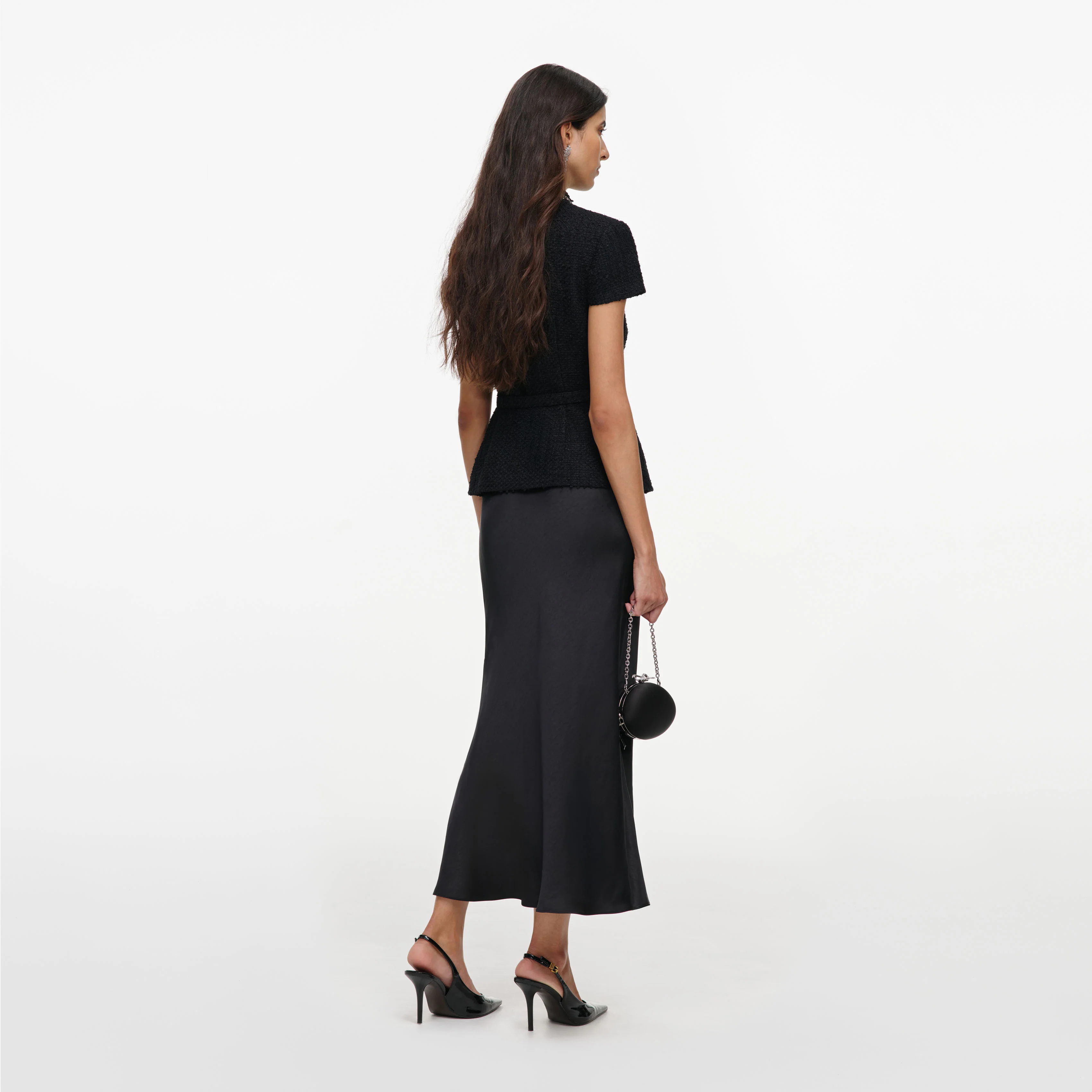 Black Boucle Crystal Trim Satin Midi Dress - Image 3