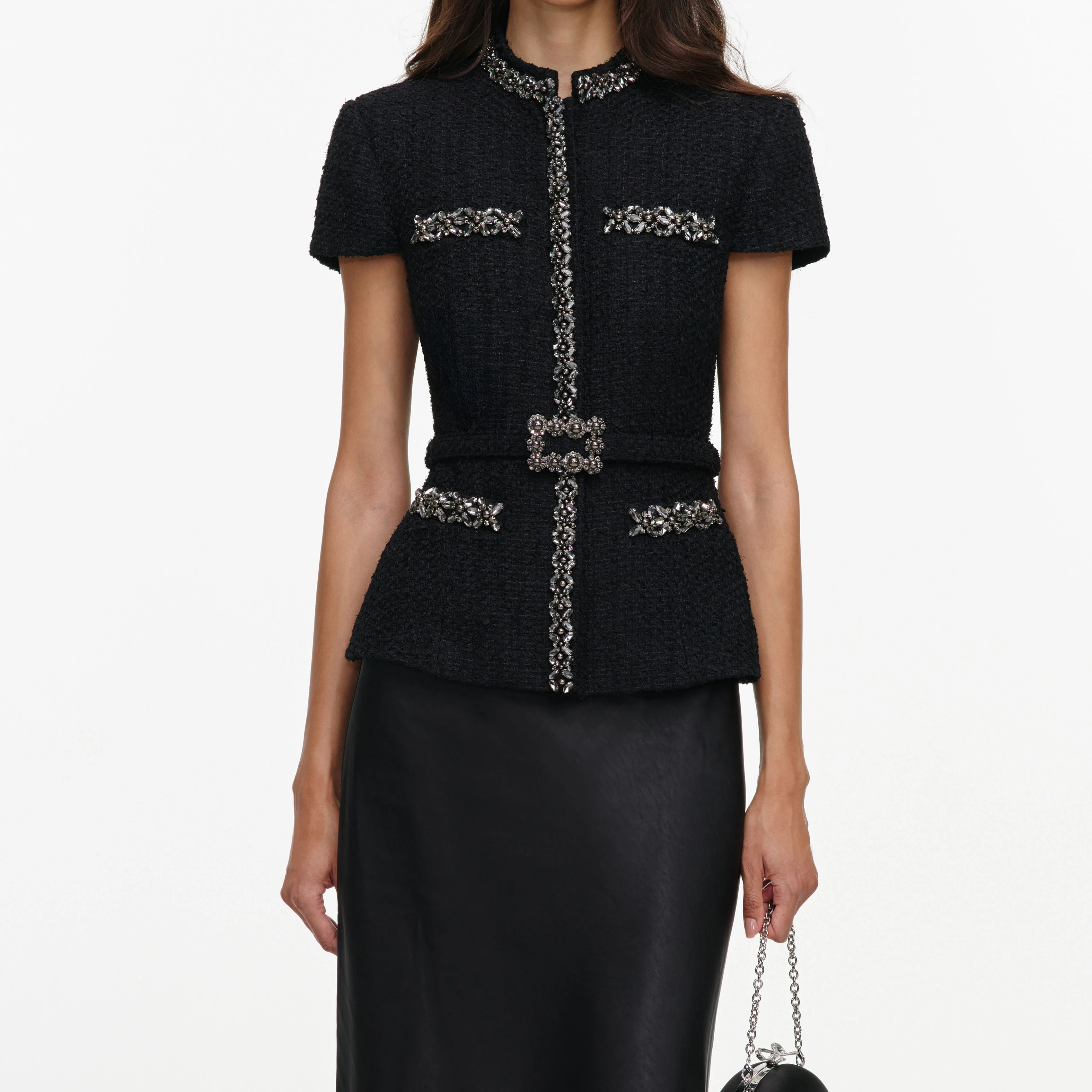 Black Boucle Crystal Trim Satin Midi Dress - Image 4