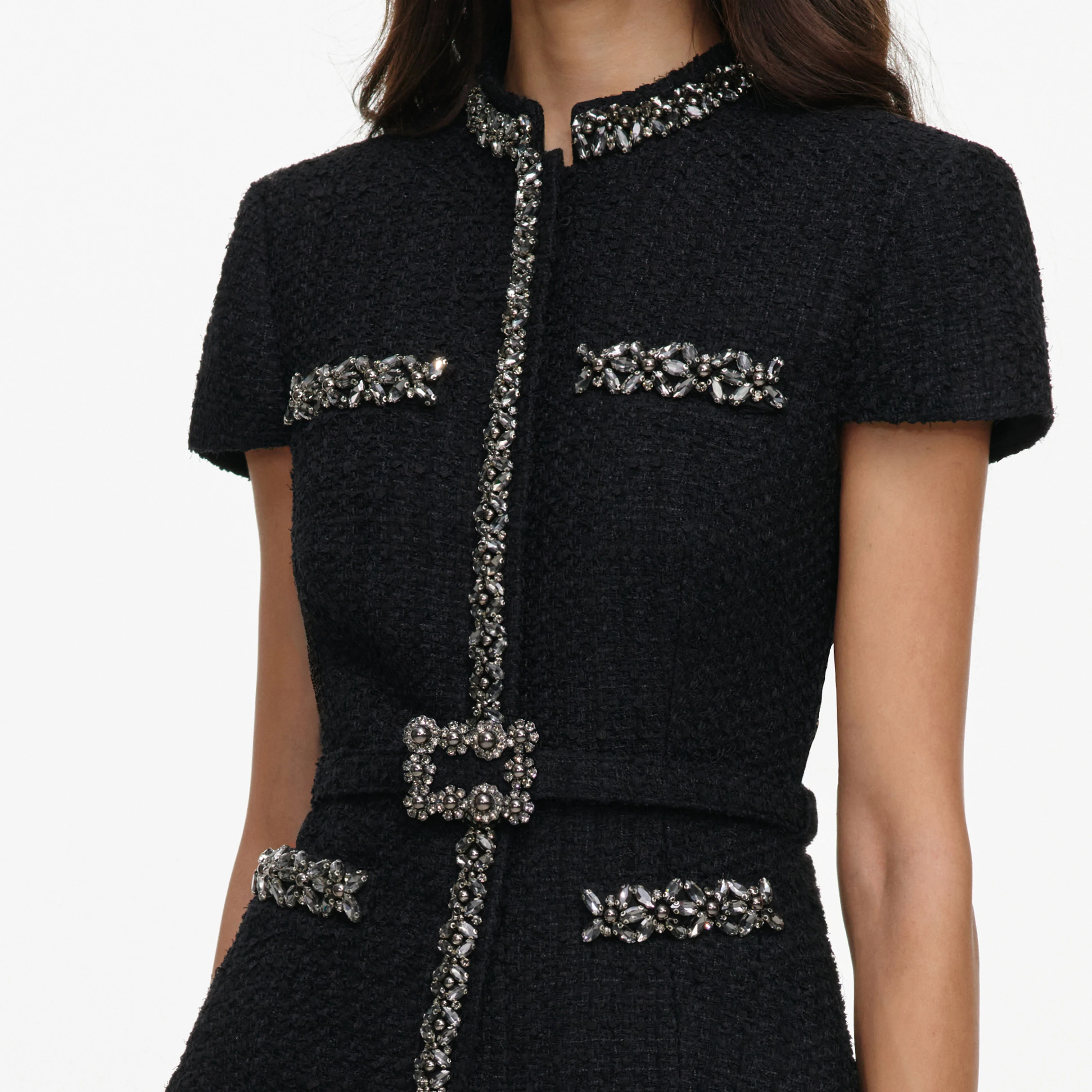 Black Boucle Crystal Trim Satin Midi Dress - Image 5