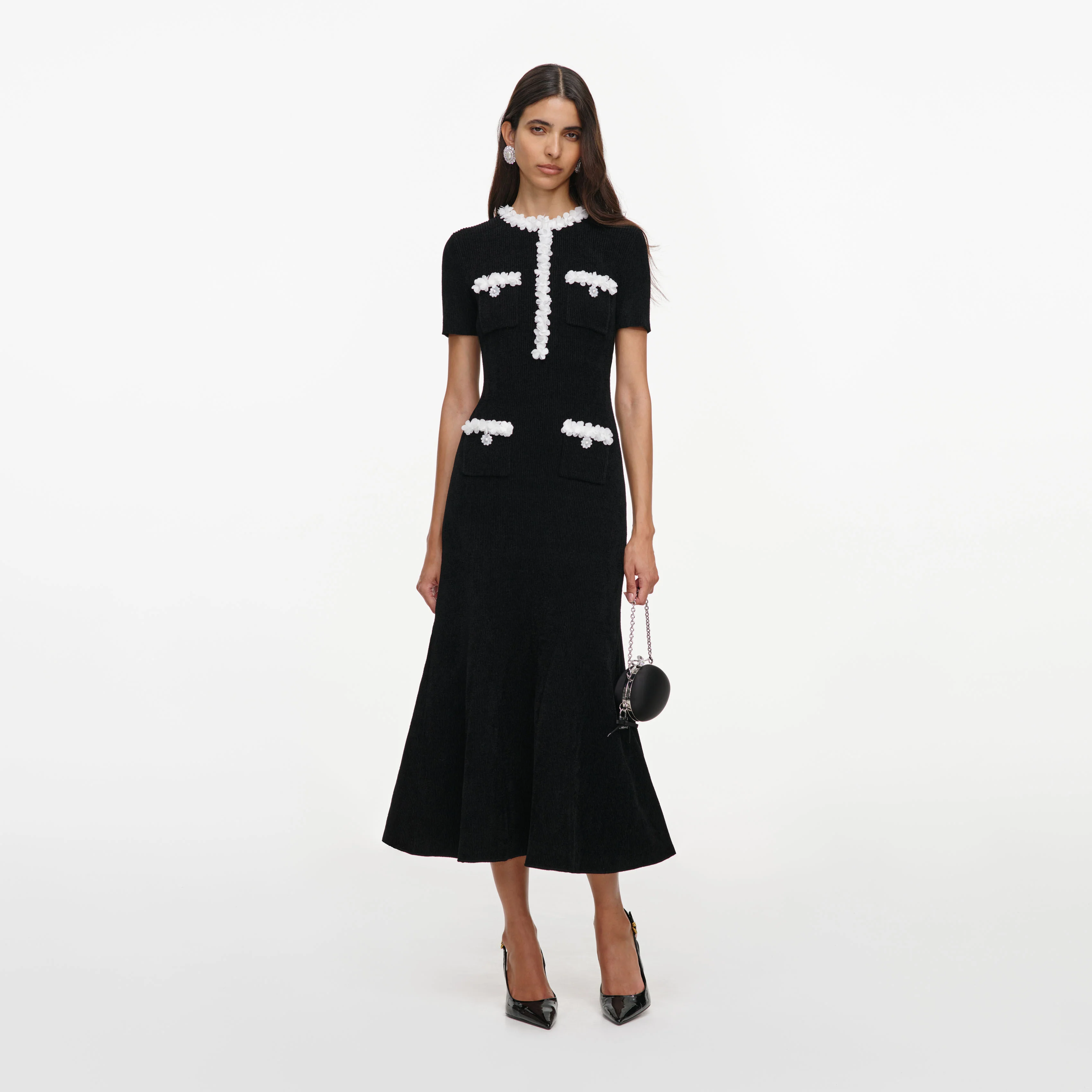Black Chenille Knit Flower Trim Midi Dress