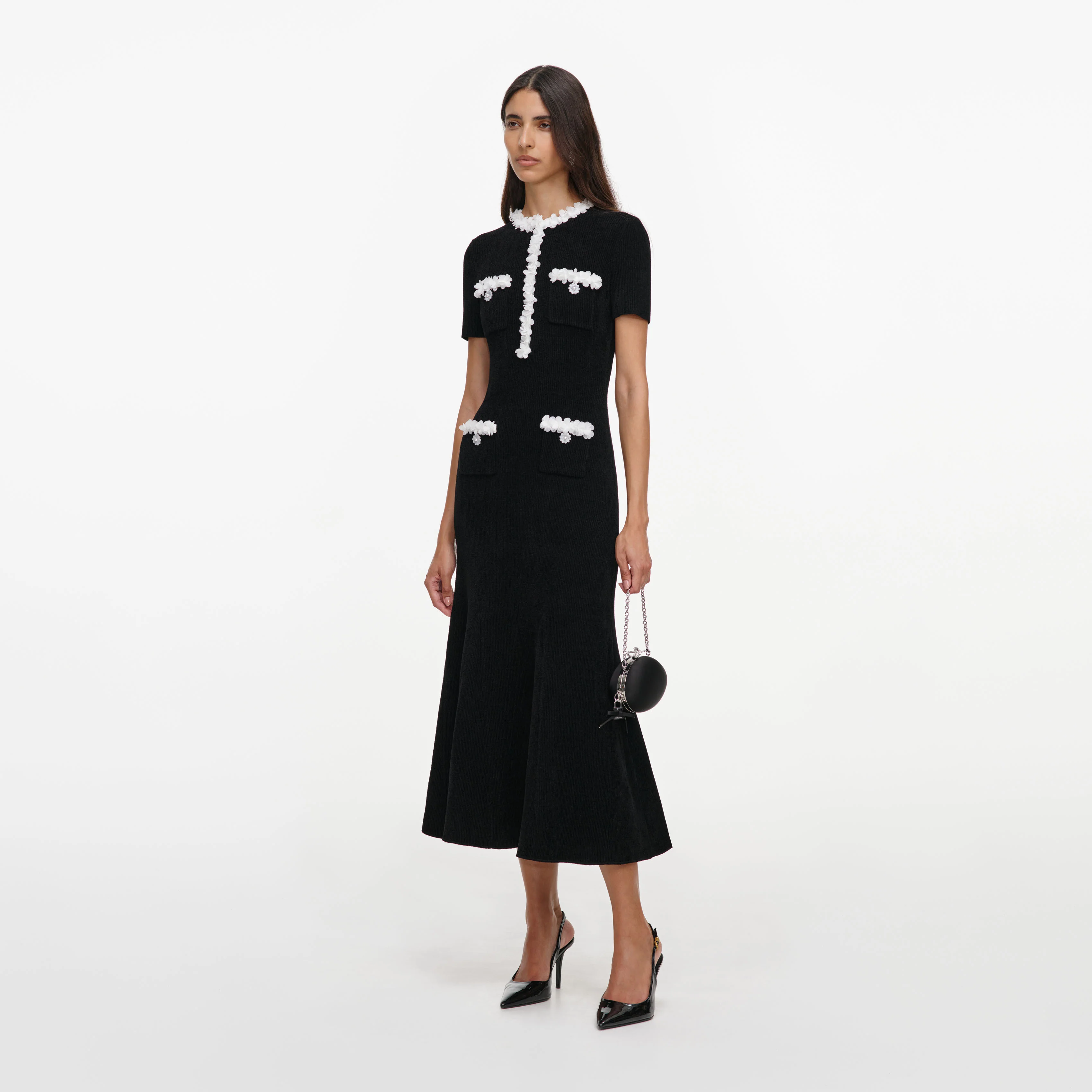 Black Chenille Knit Flower Trim Midi Dress - Image 2
