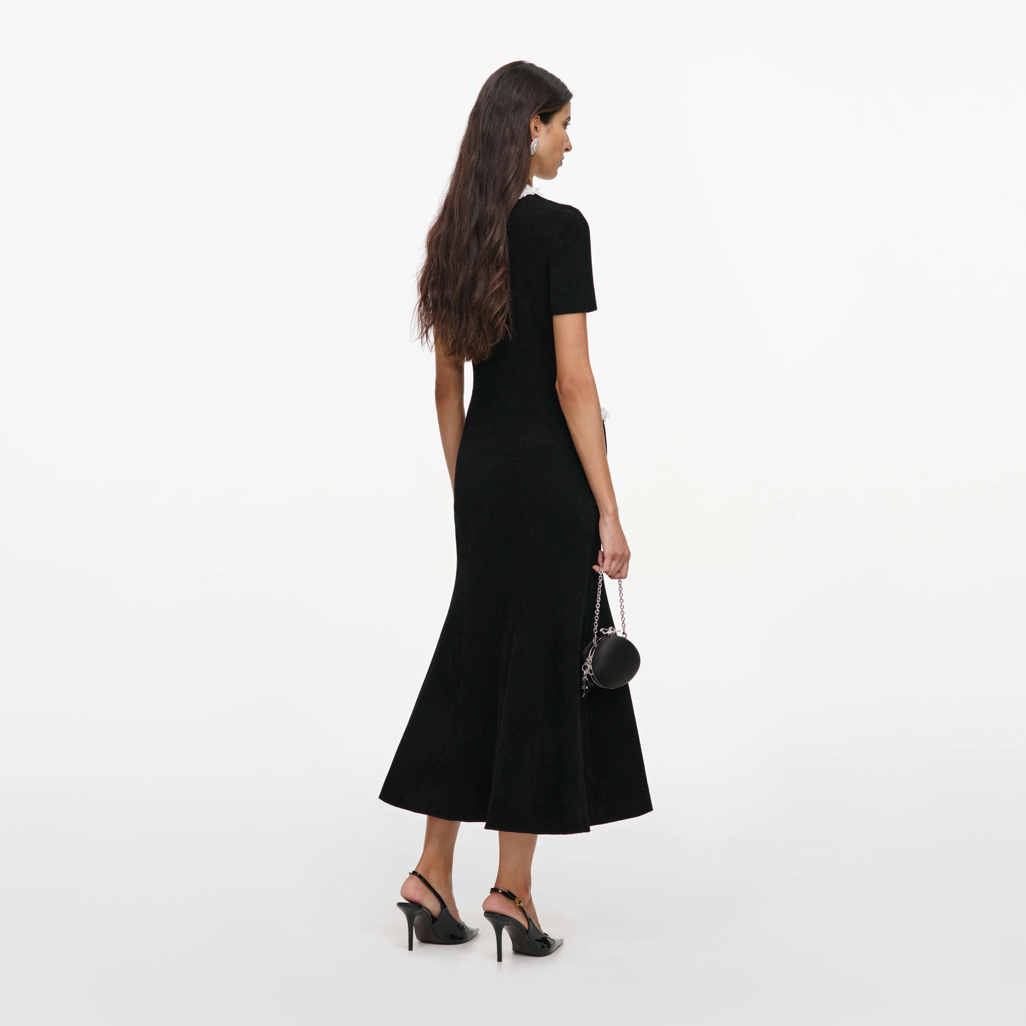 Black Chenille Knit Flower Trim Midi Dress - Image 3