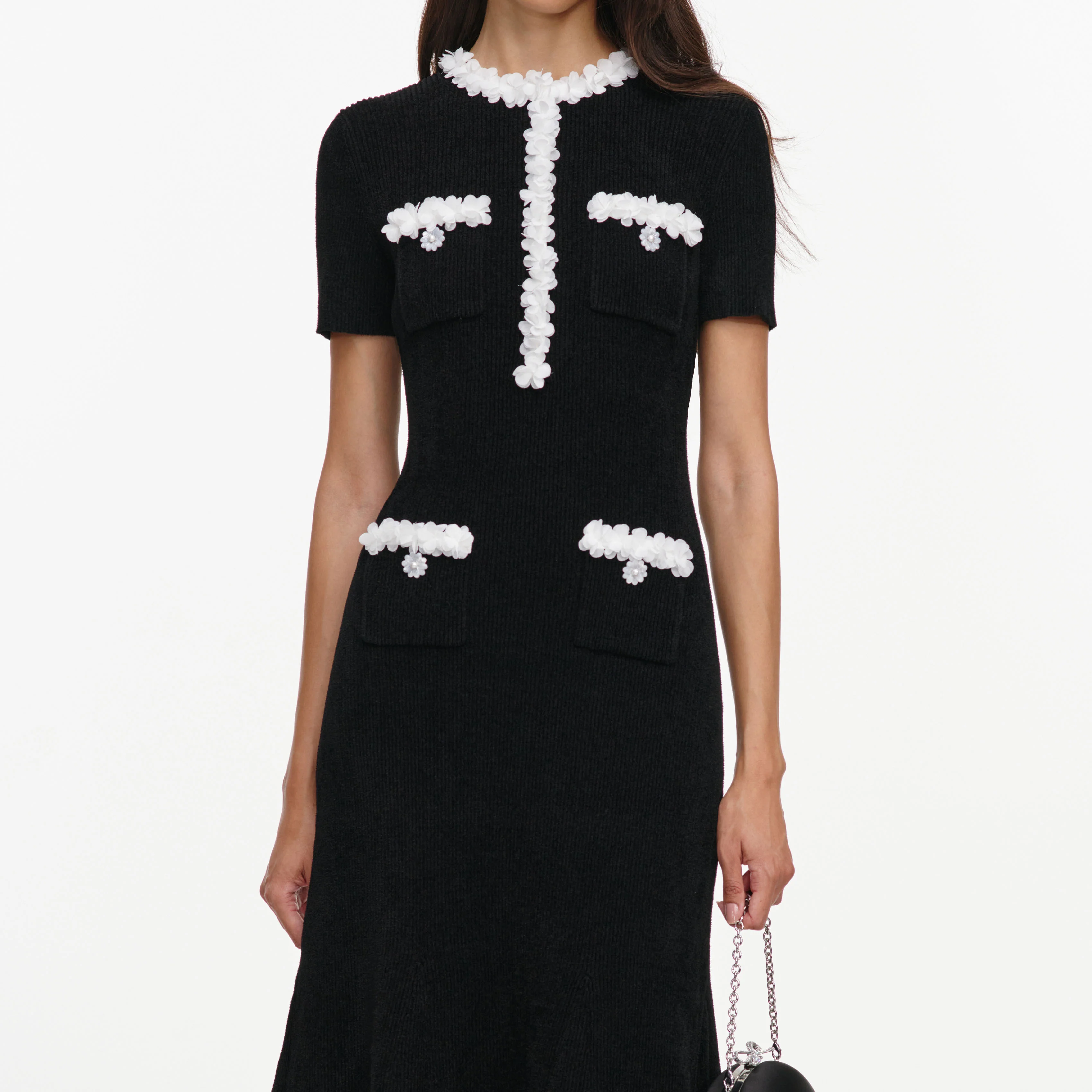 Black Chenille Knit Flower Trim Midi Dress - Image 4