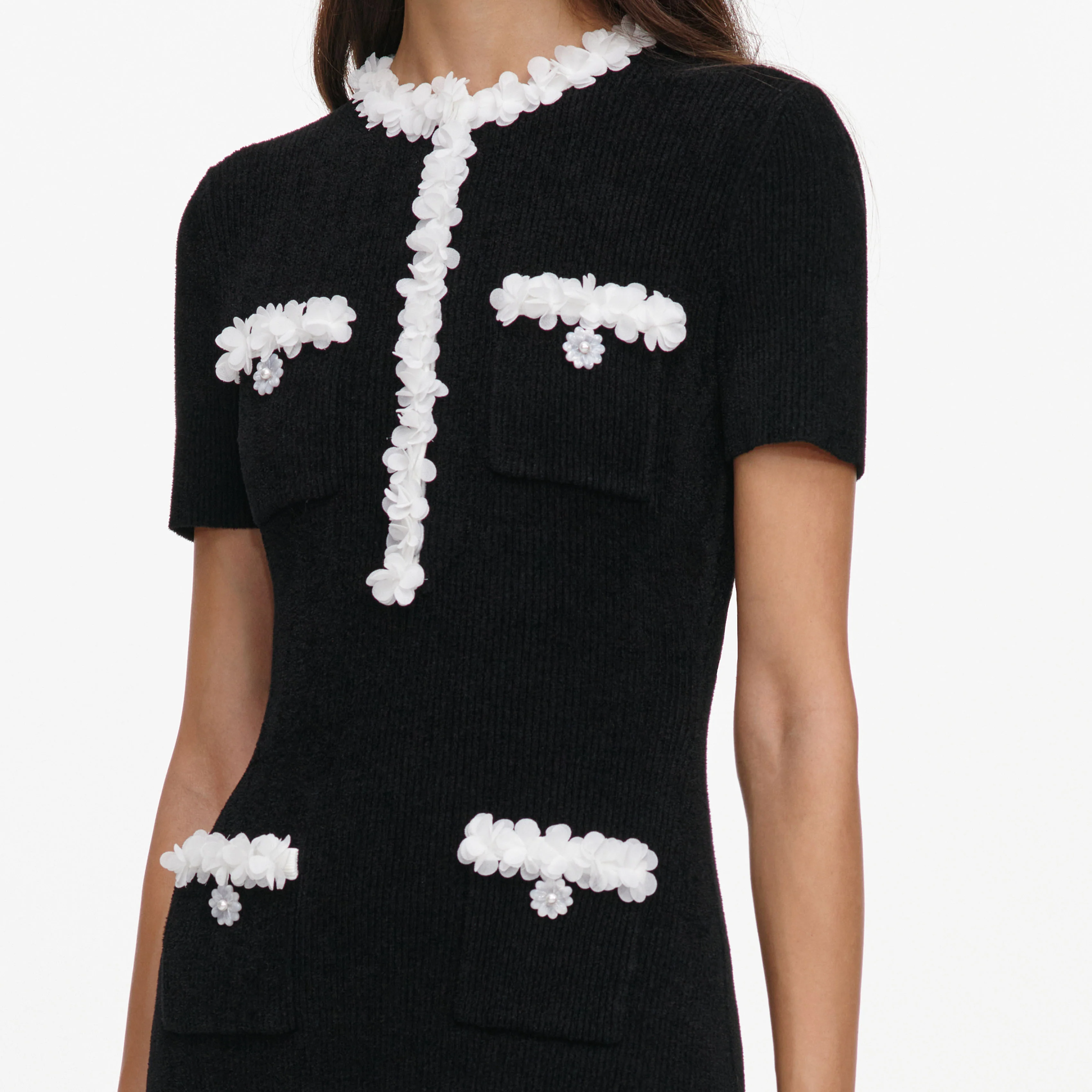 Black Chenille Knit Flower Trim Midi Dress - Image 5