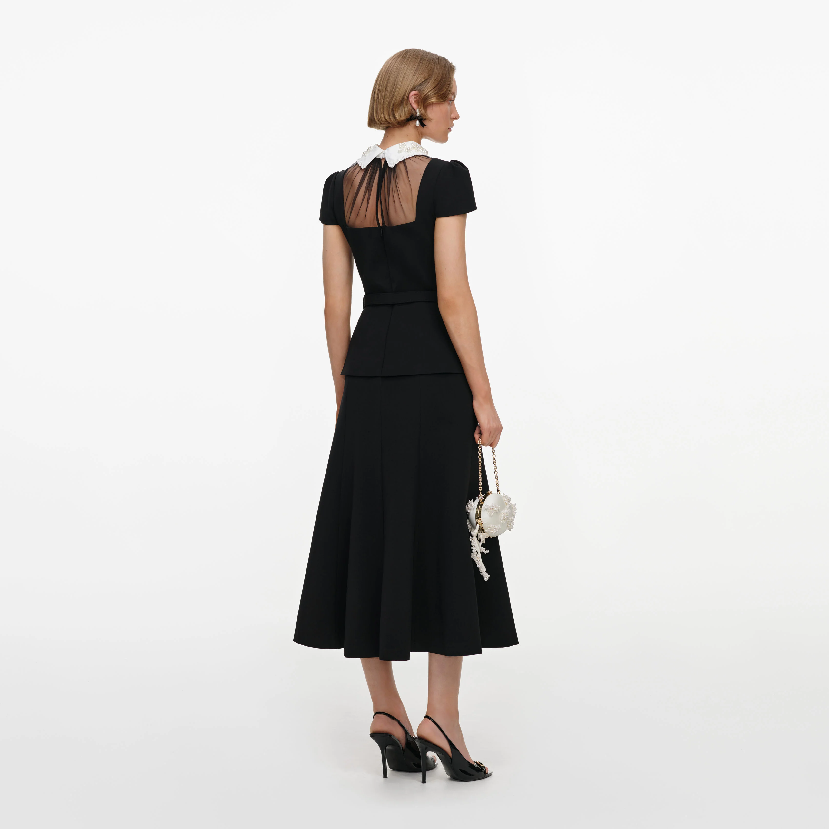 Black Crepe Bow Peplum Midi Dress - Image 3