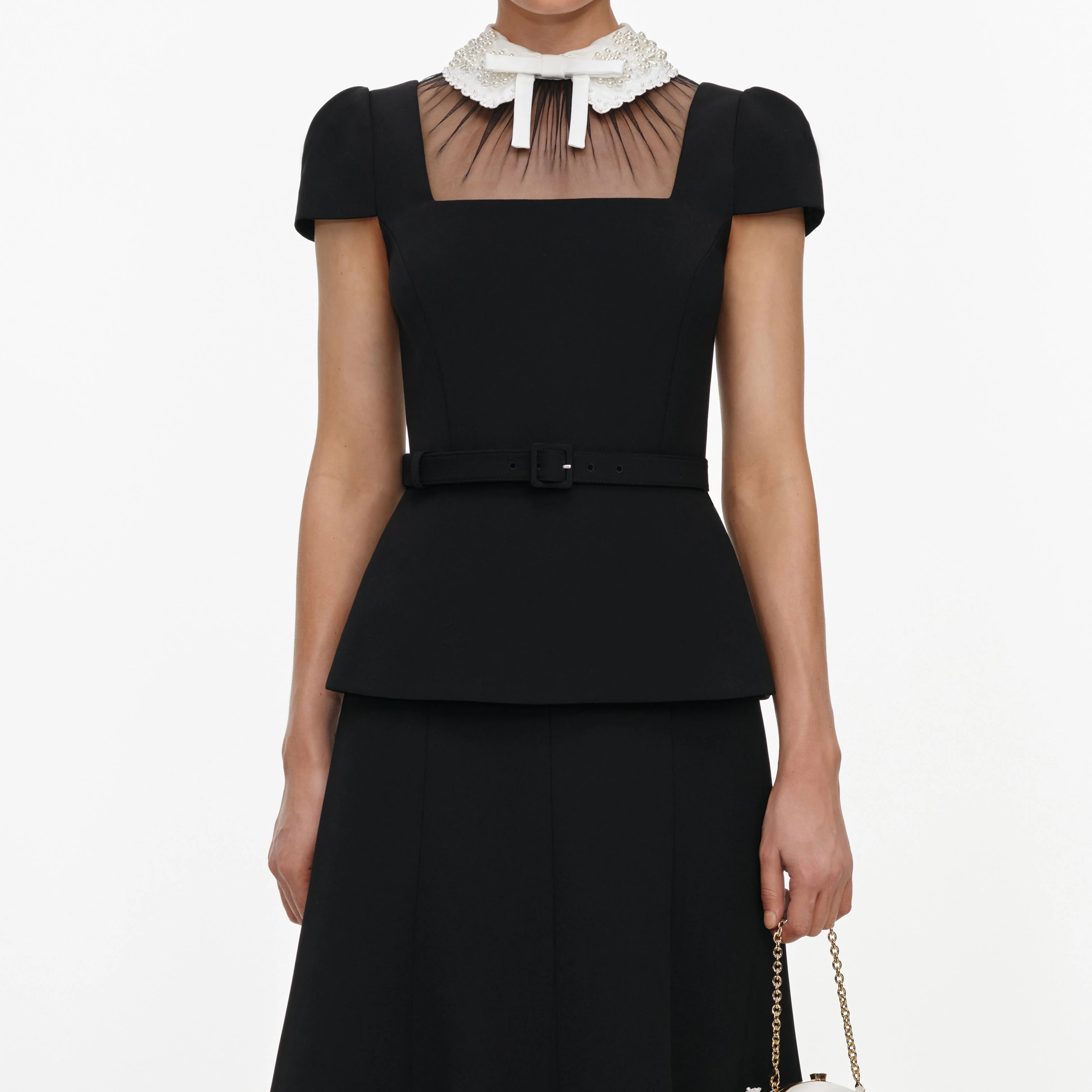 Black Crepe Bow Peplum Midi Dress - Image 4