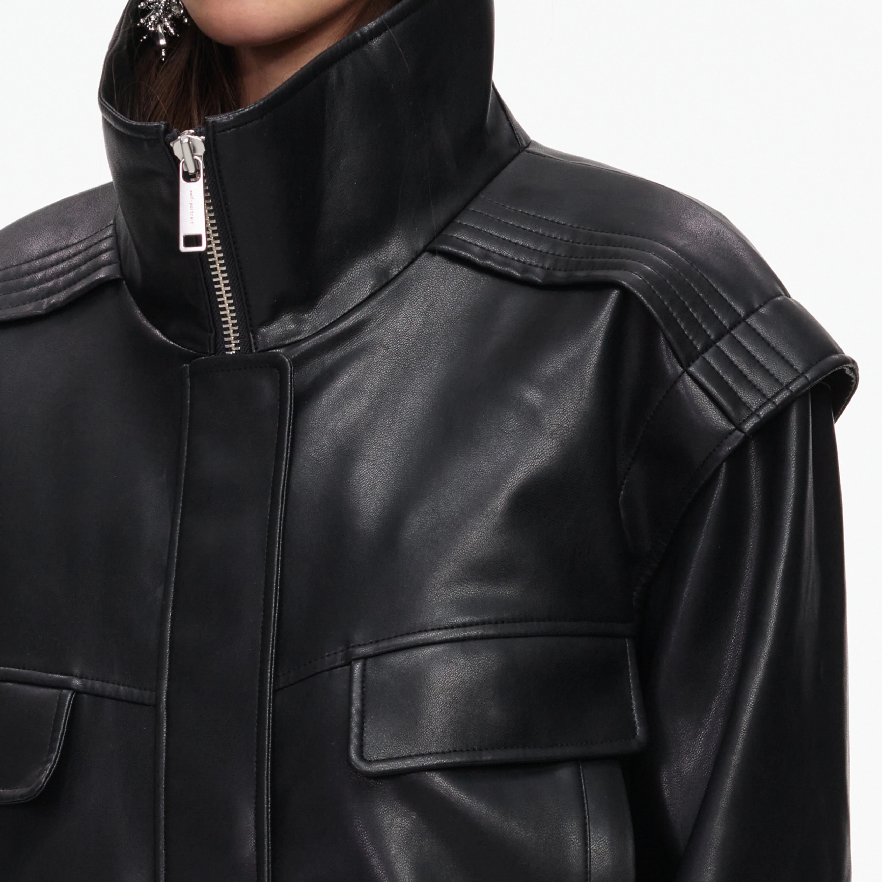 Black Faux Leather Bomber Jacket - Image 6