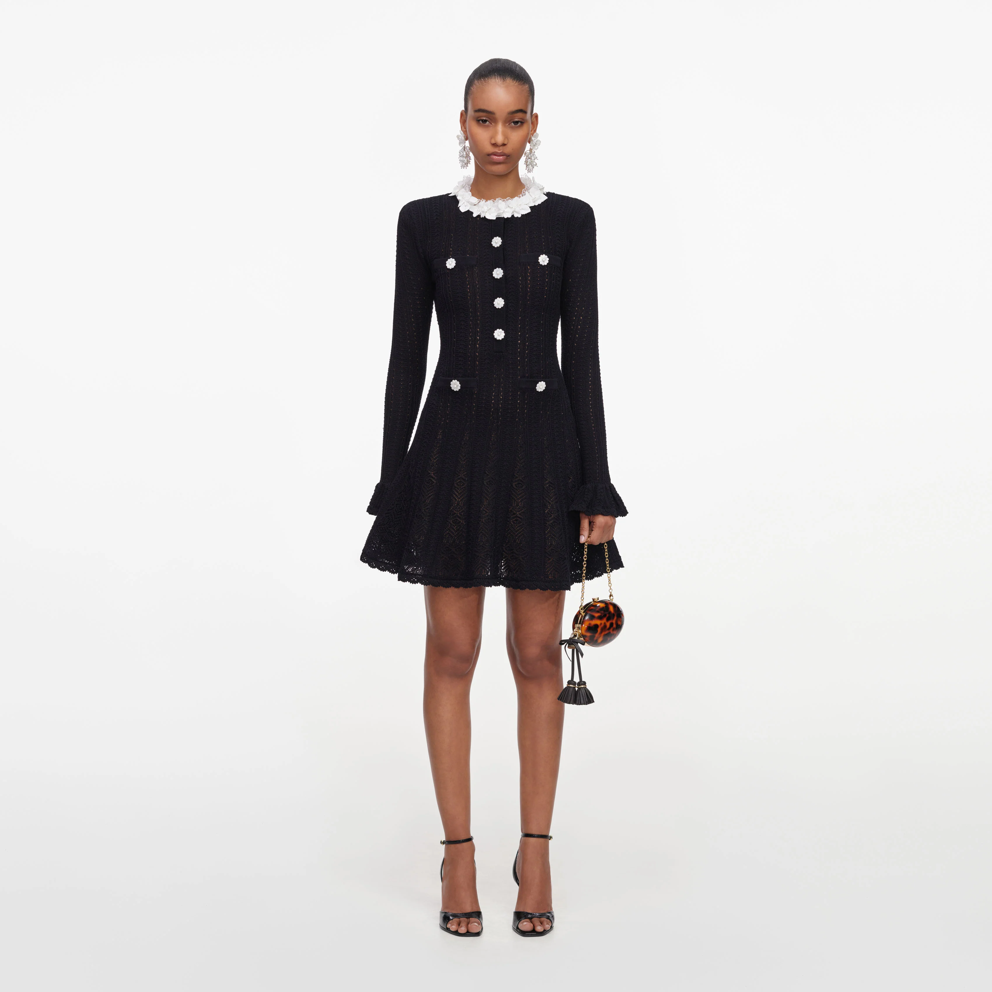 Black Flower Trim Knit Mini Dress