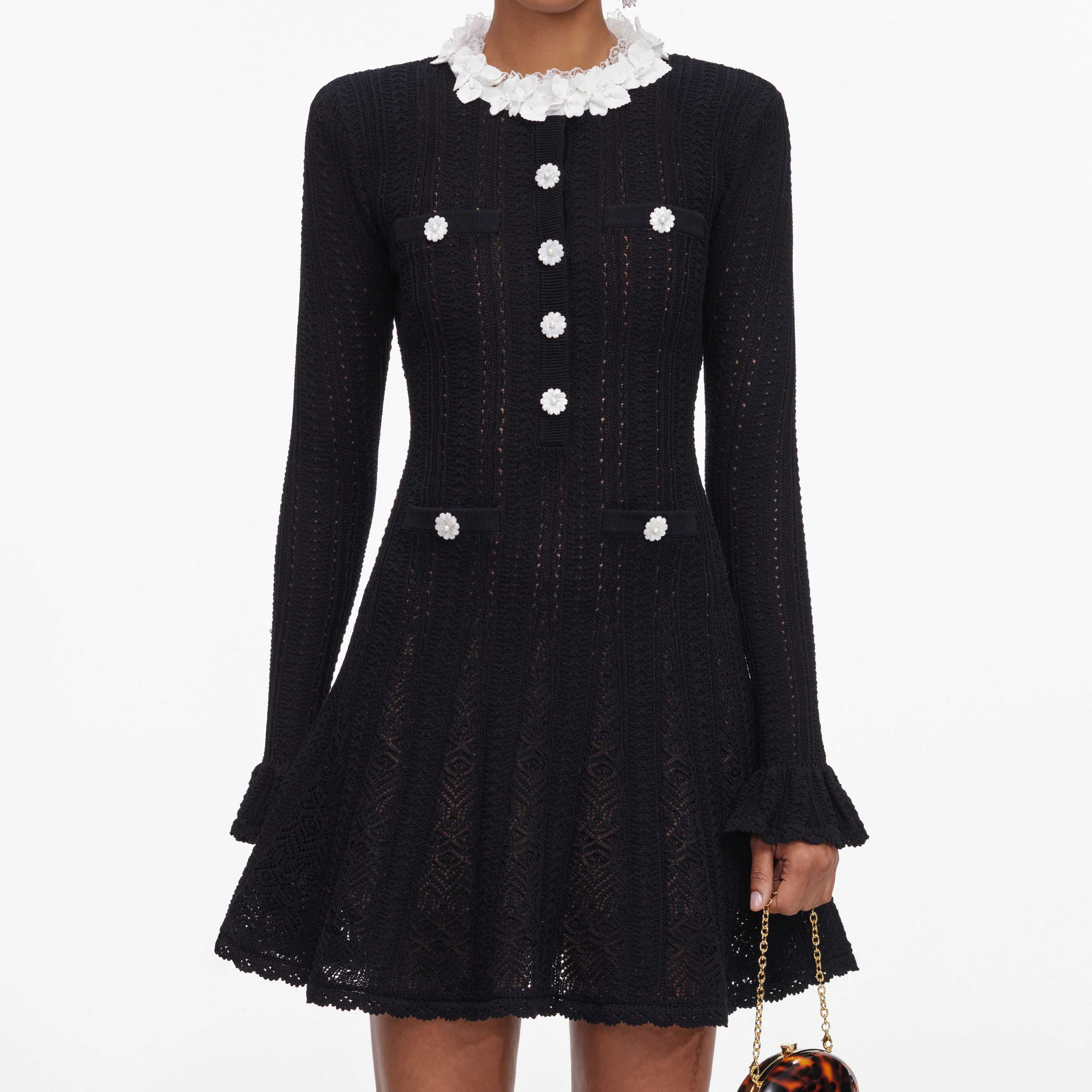 Black Flower Trim Knit Mini Dress - Image 4