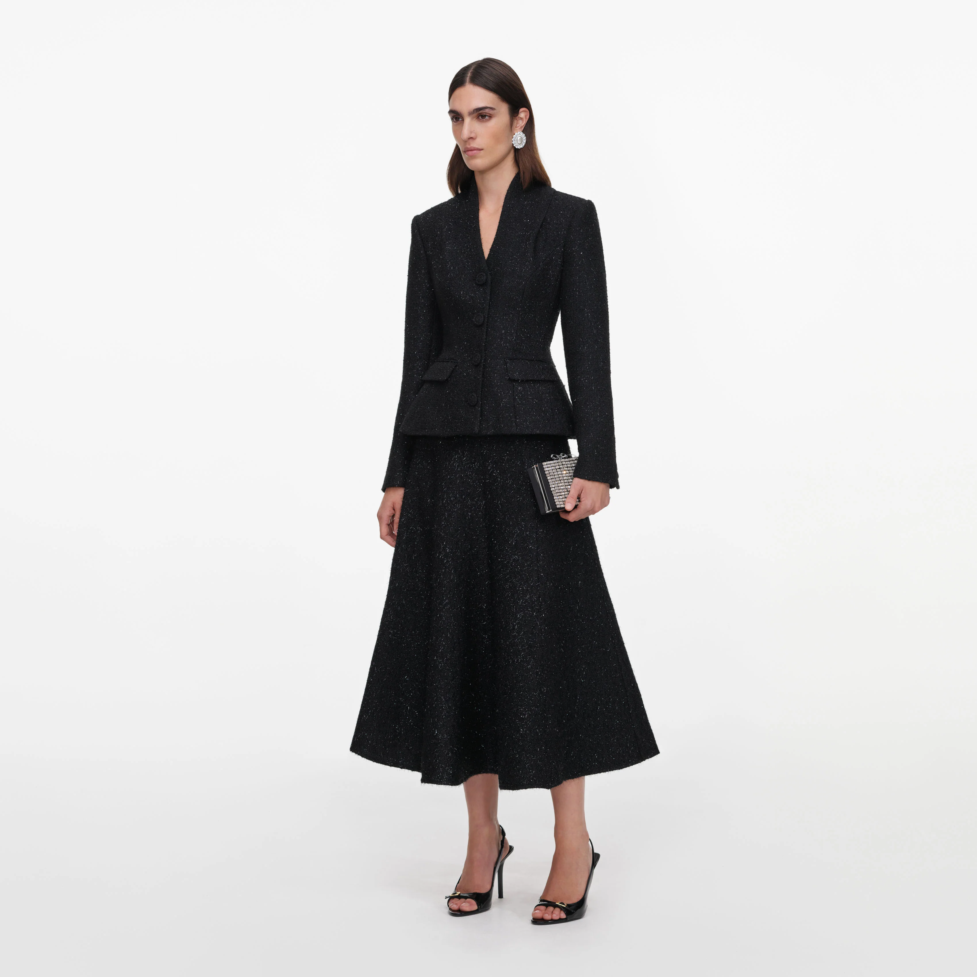 Black Metallic Boucle Midi Dress - Image 2