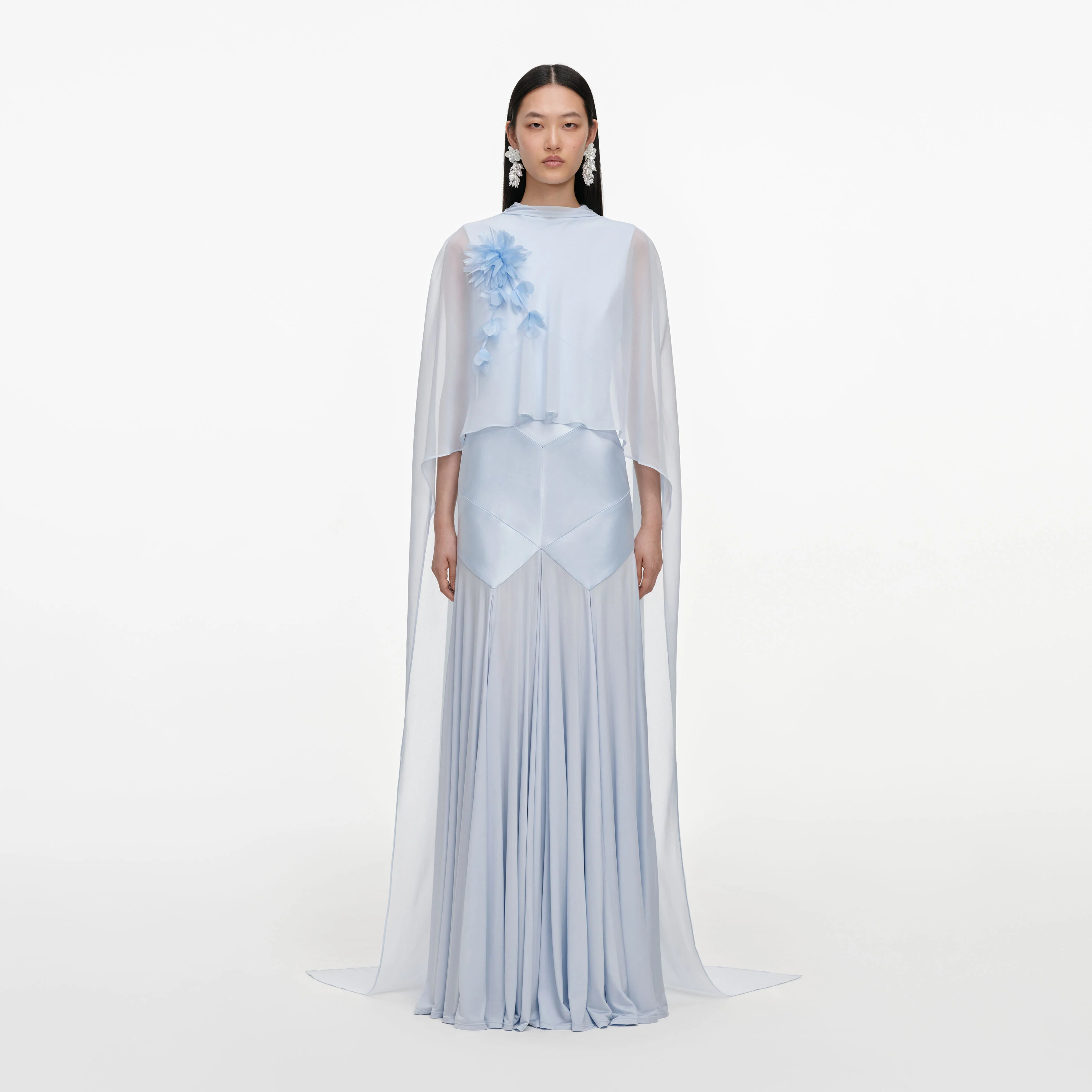 Blue Satin Jersey Cape Maxi Dress