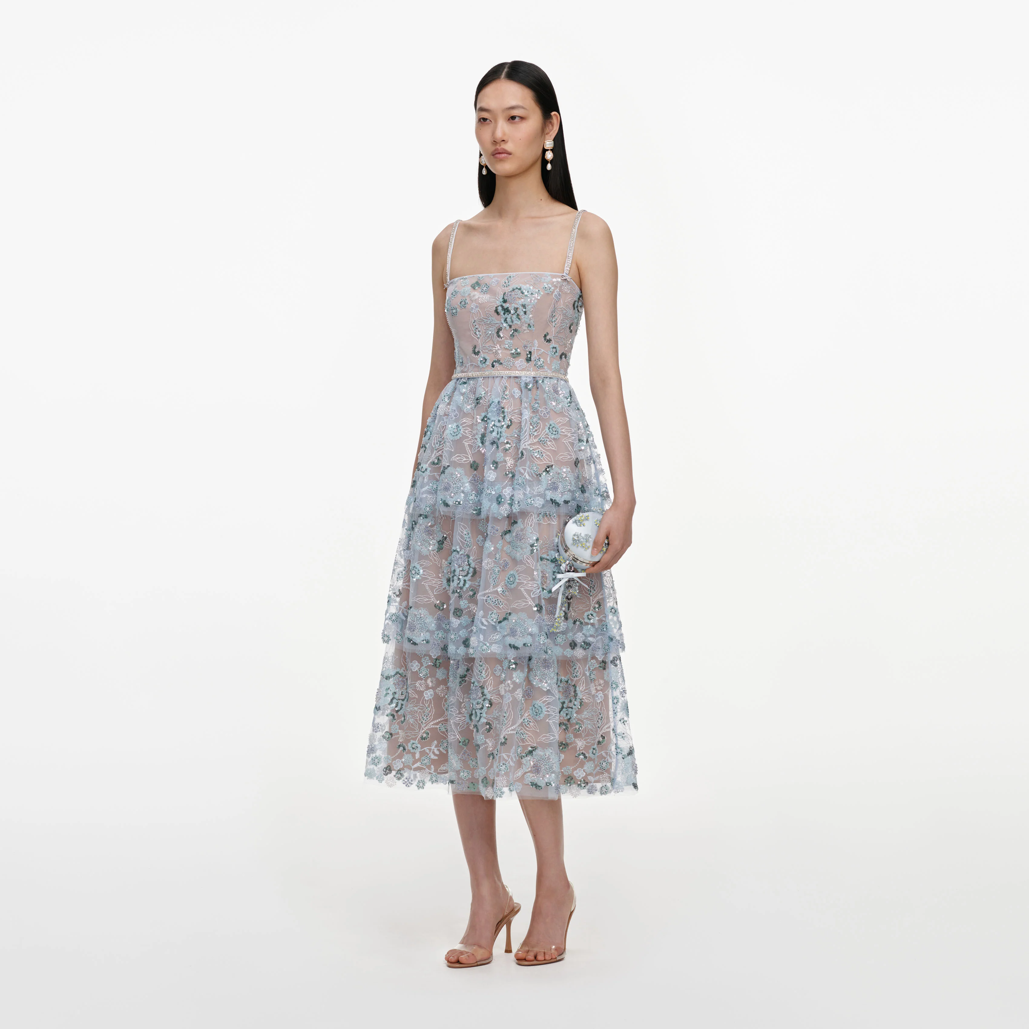 Blue Sequin Embellished Tiered Midi Dress - Image 2