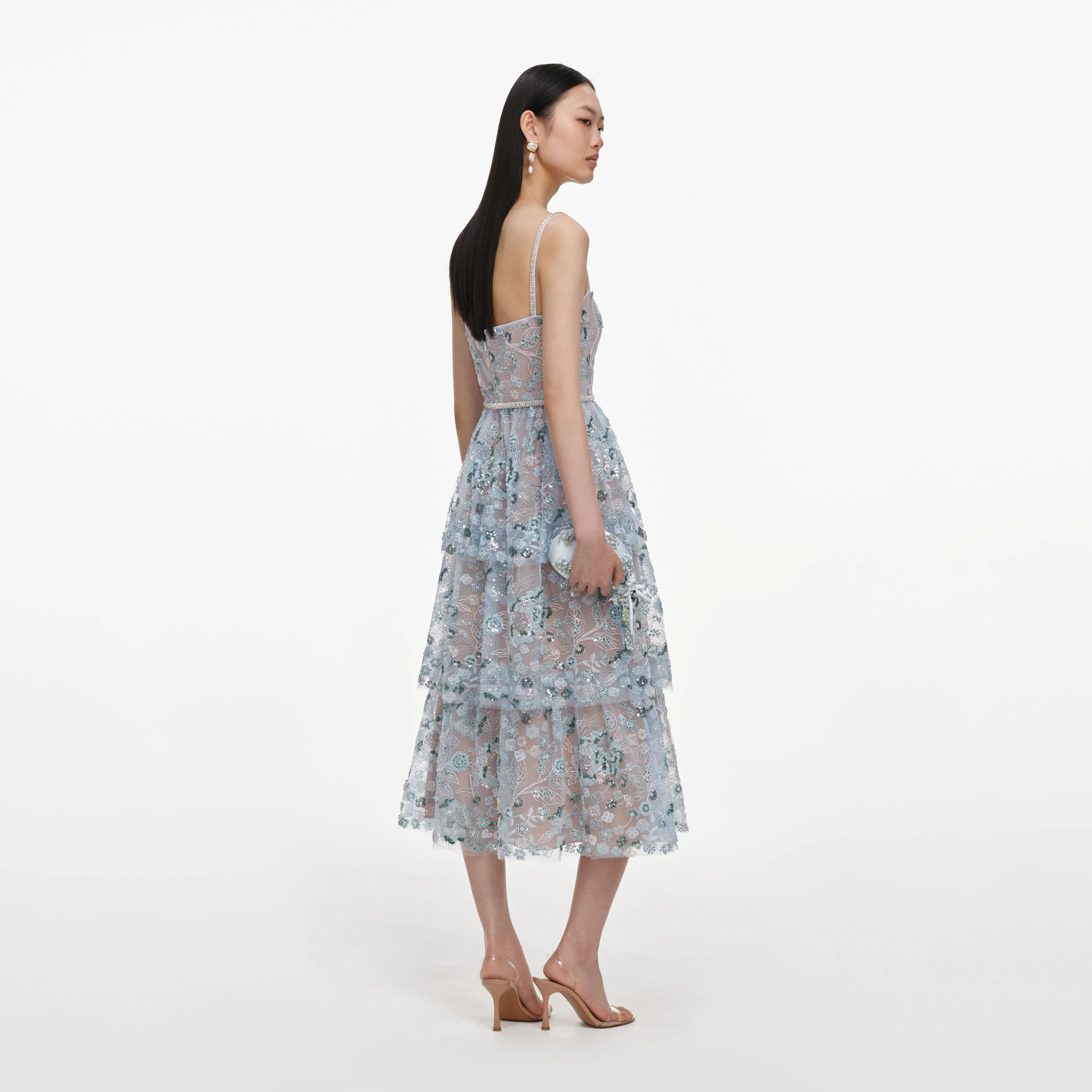 Blue Sequin Embellished Tiered Midi Dress - Image 3