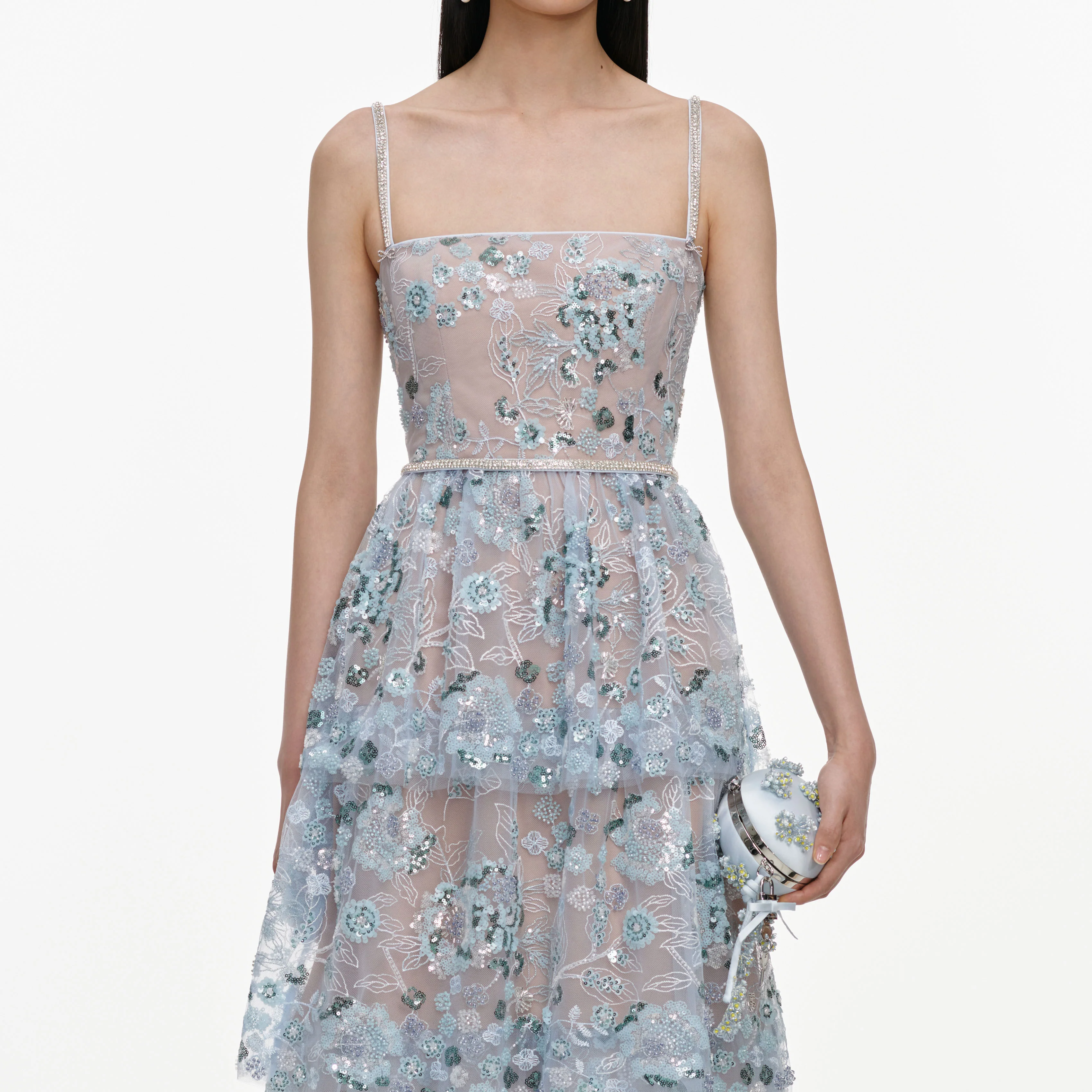 Blue Sequin Embellished Tiered Midi Dress - Image 4