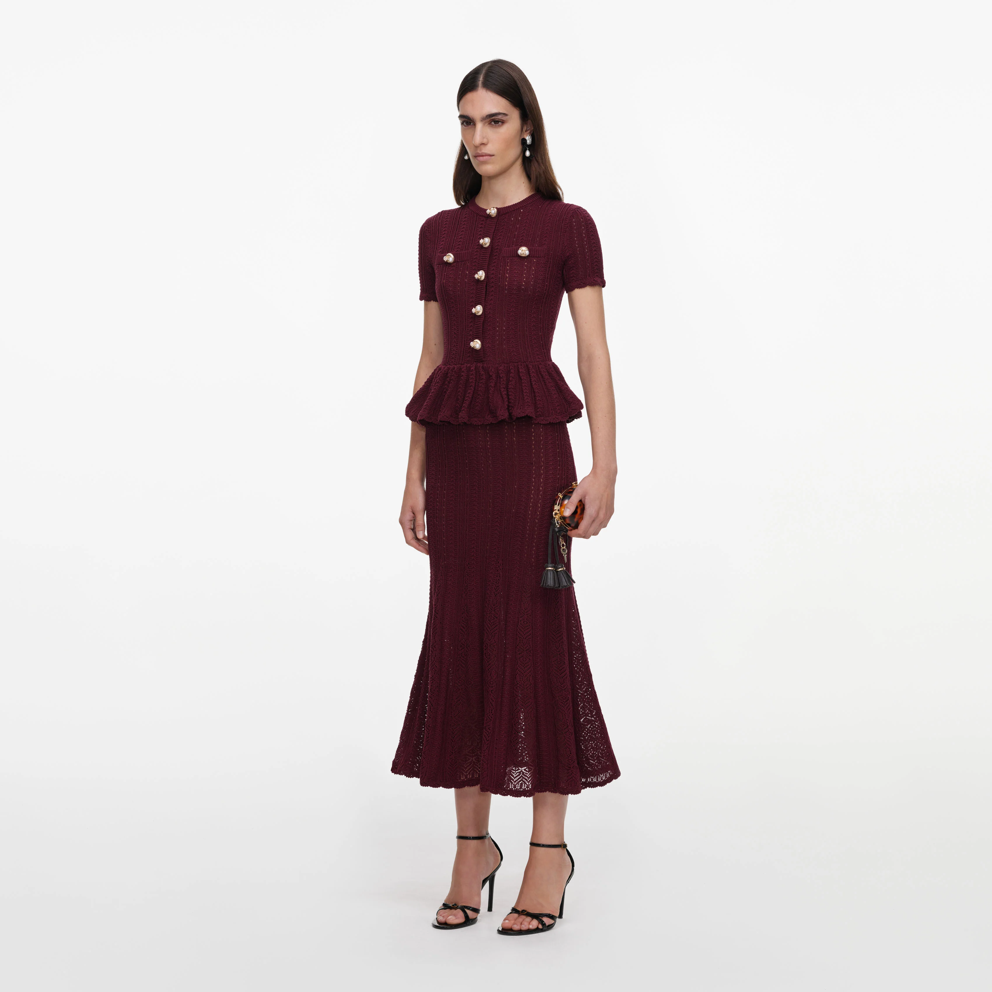Burgundy Pointelle Peplum Knit Midi Dress - Image 2