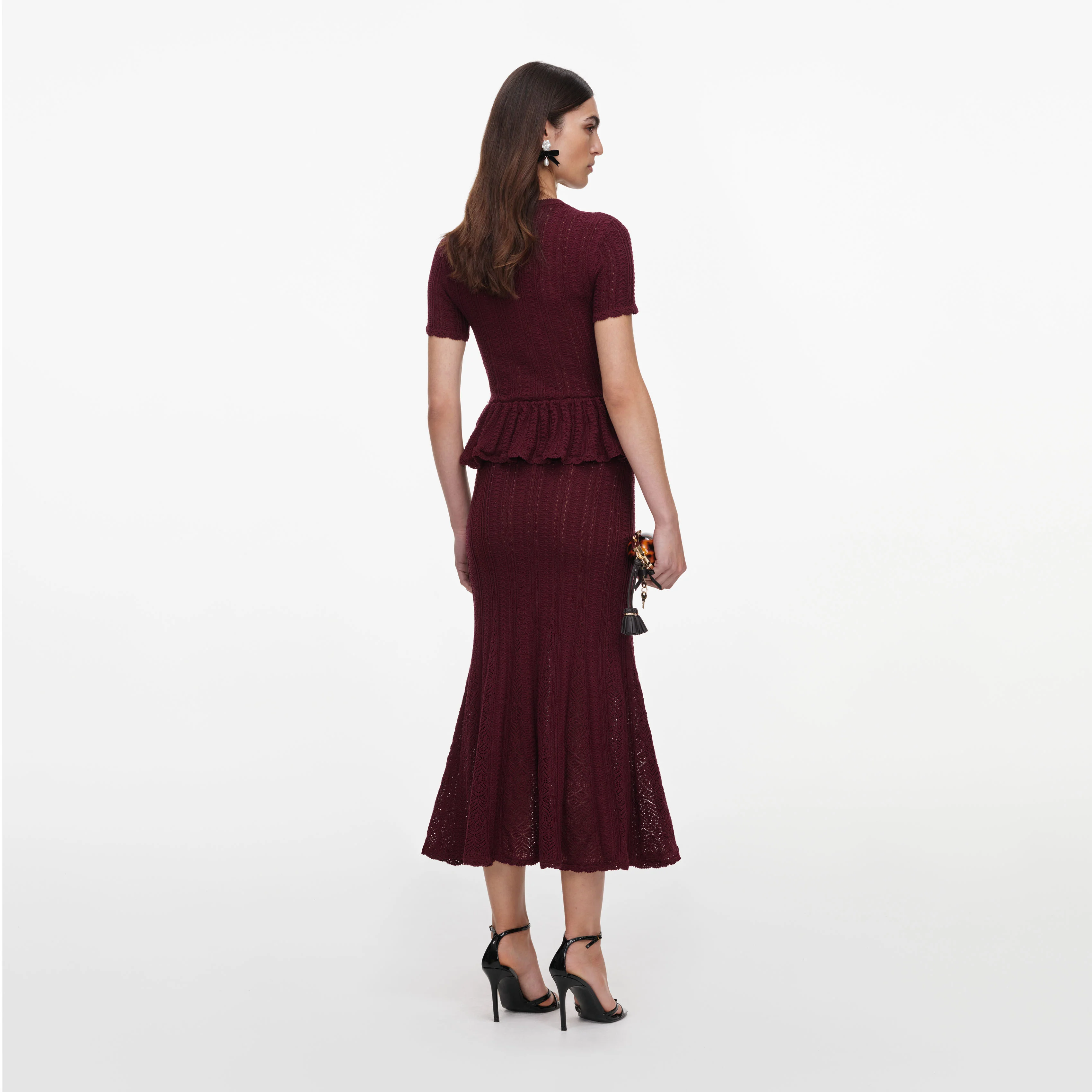 Burgundy Pointelle Peplum Knit Midi Dress - Image 3