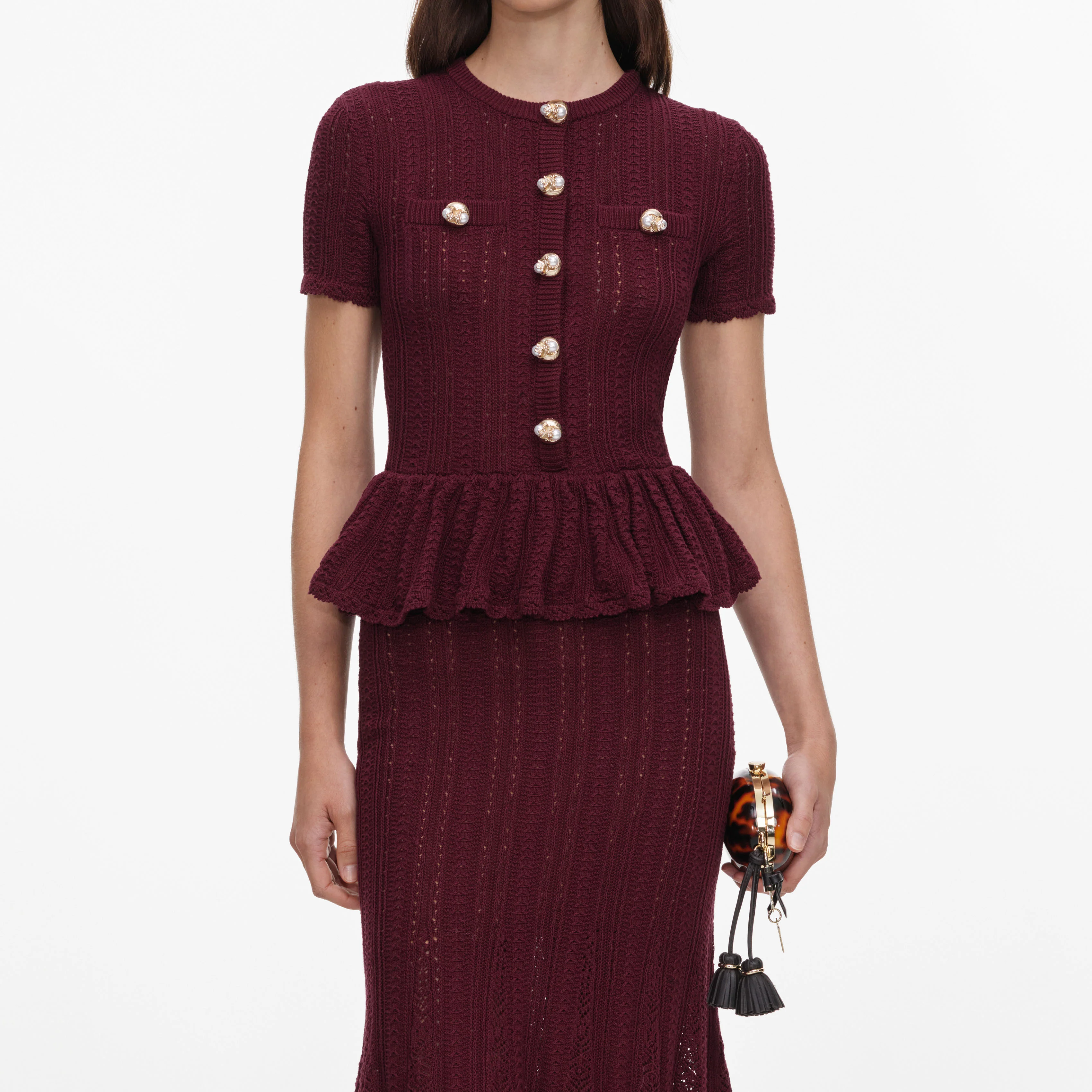 Burgundy Pointelle Peplum Knit Midi Dress - Image 4