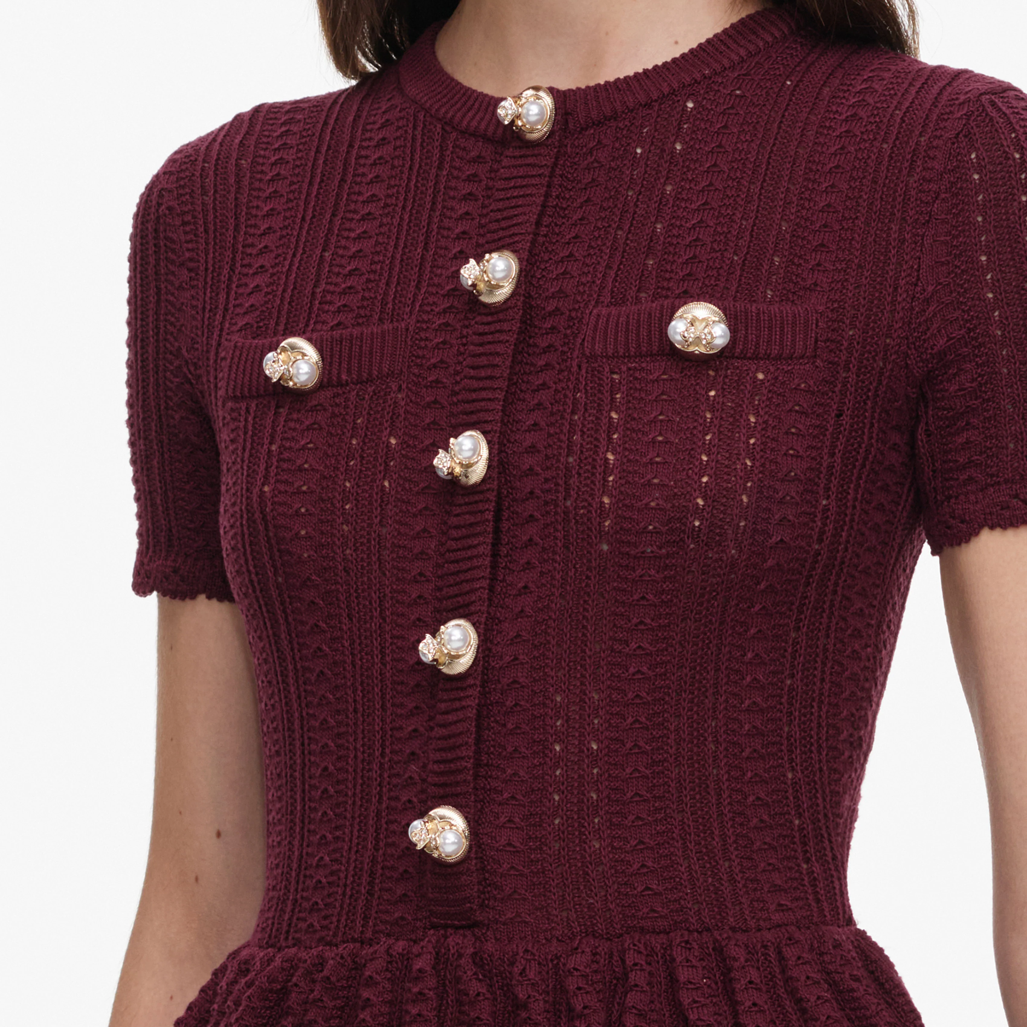 Burgundy Pointelle Peplum Knit Midi Dress - Image 5