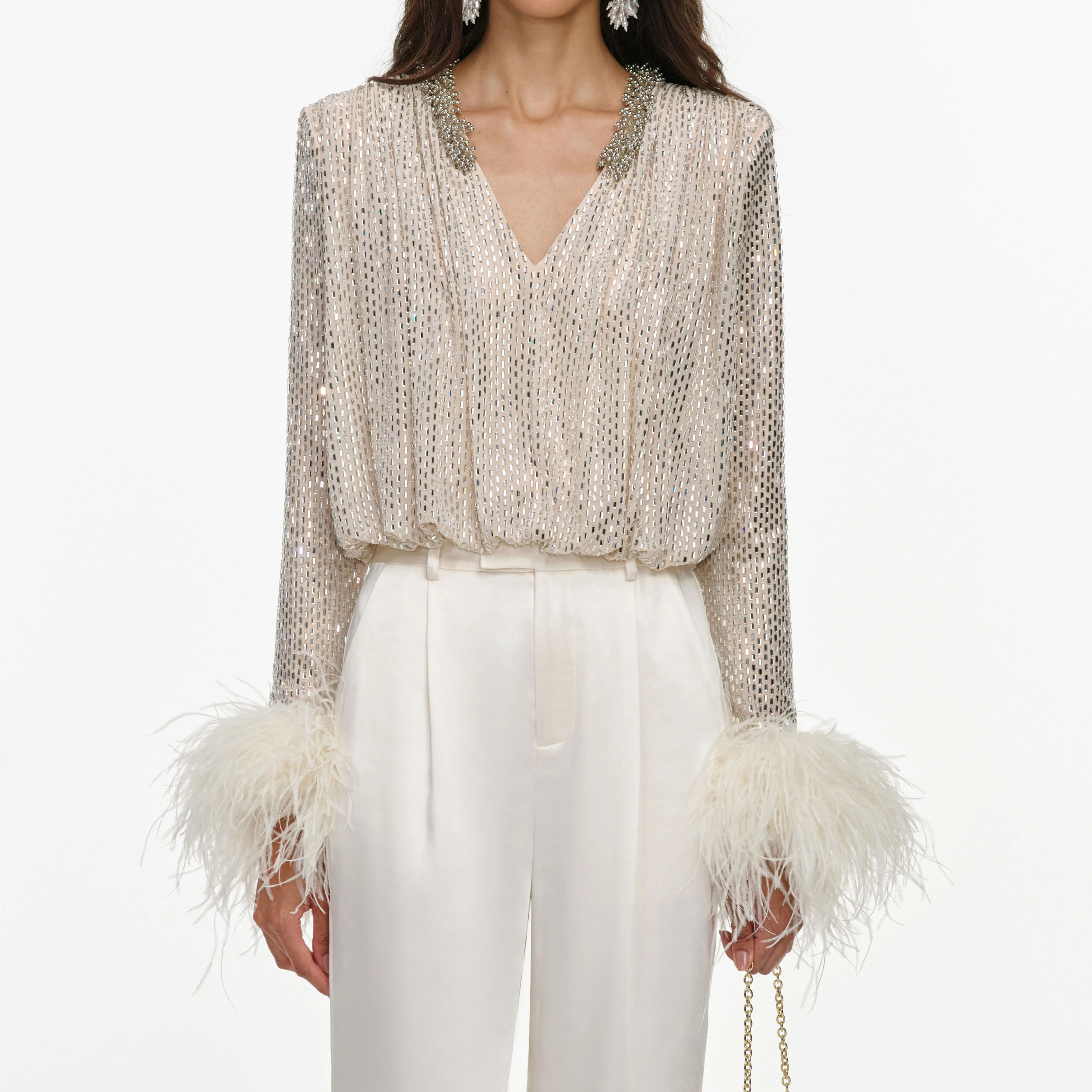 Champagne Rhinestone Embellished Feather Top - Image 4