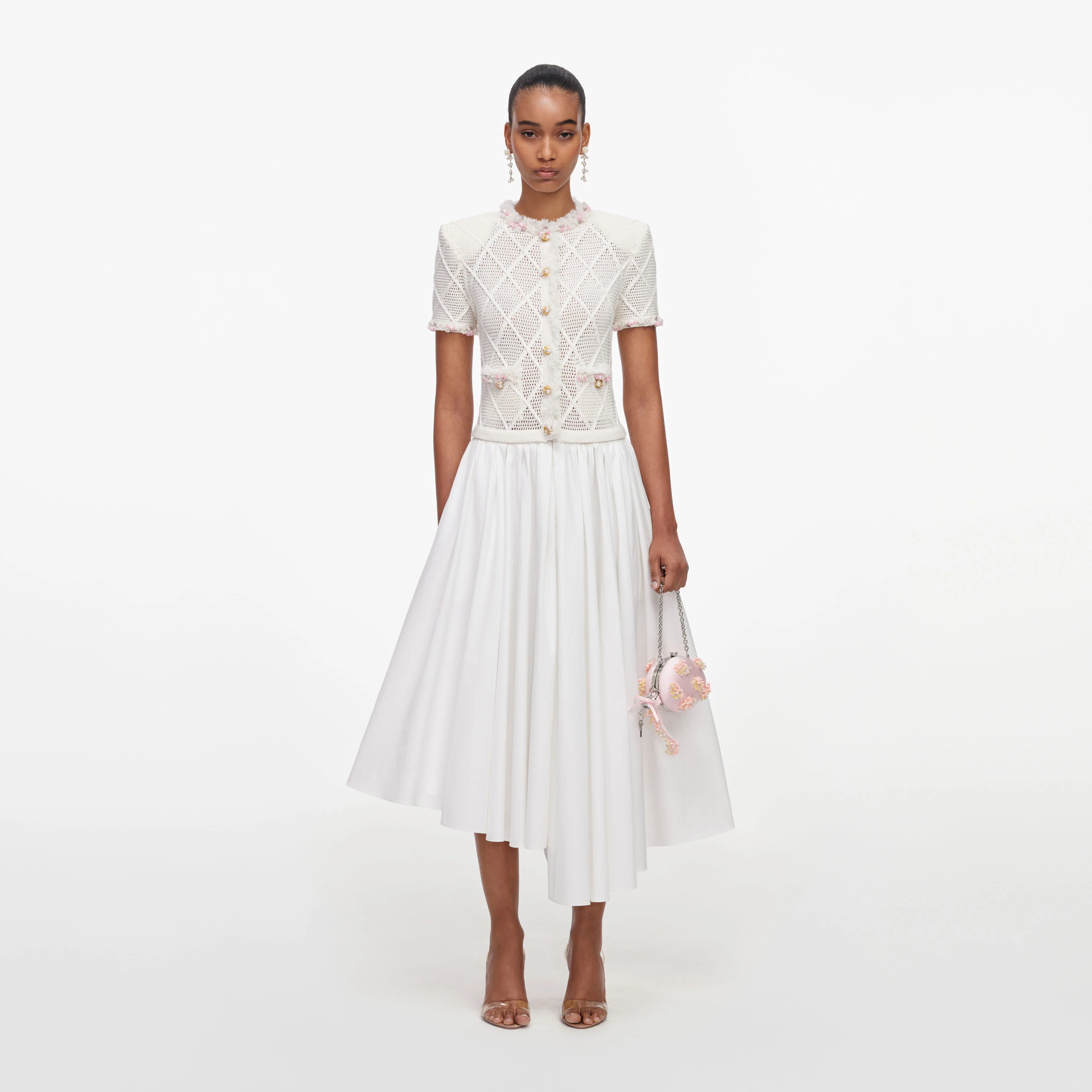 Cream Fringe Knit Cotton Midi Dress
