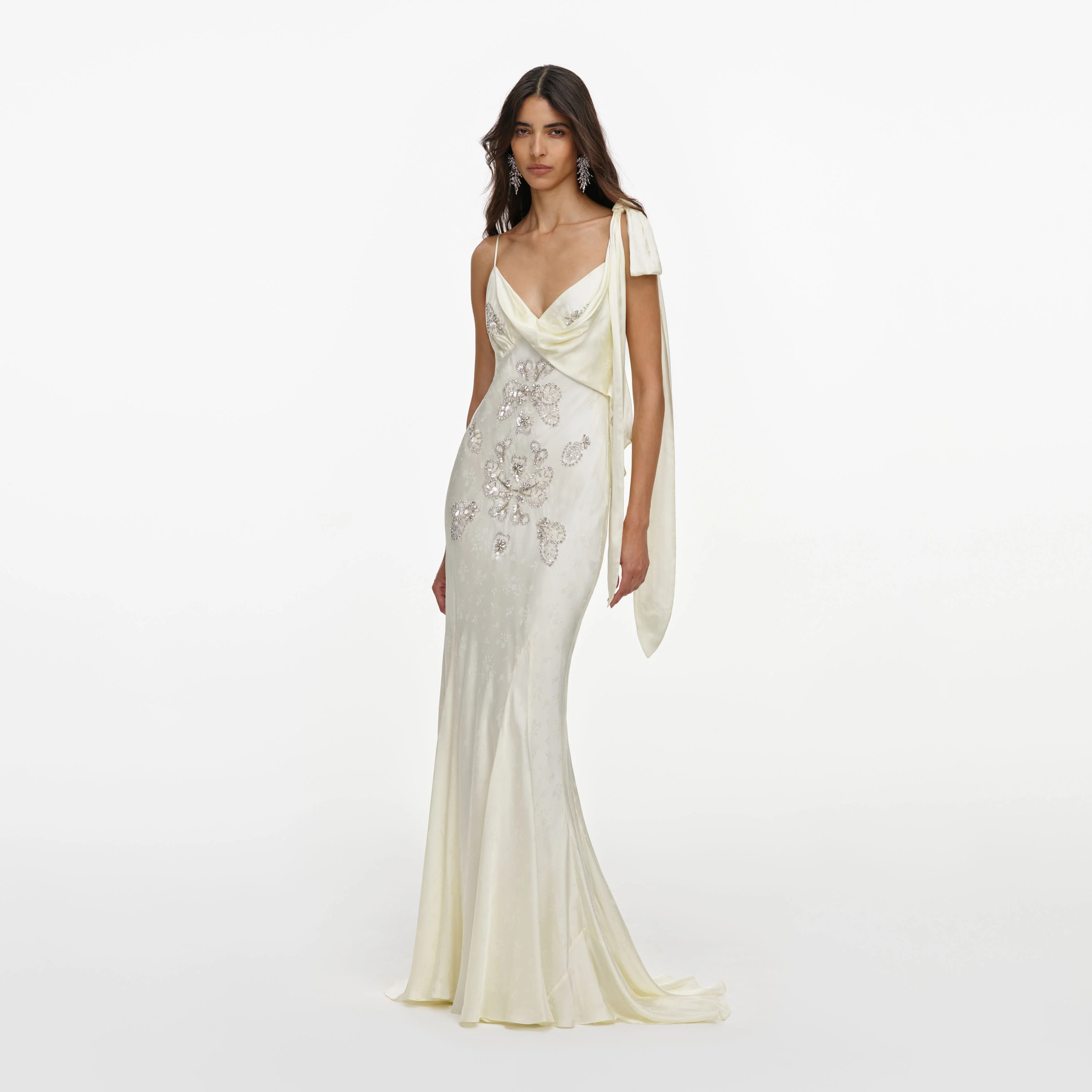 Cream Satin Jacquard Embellished Maxi Dress - Image 2