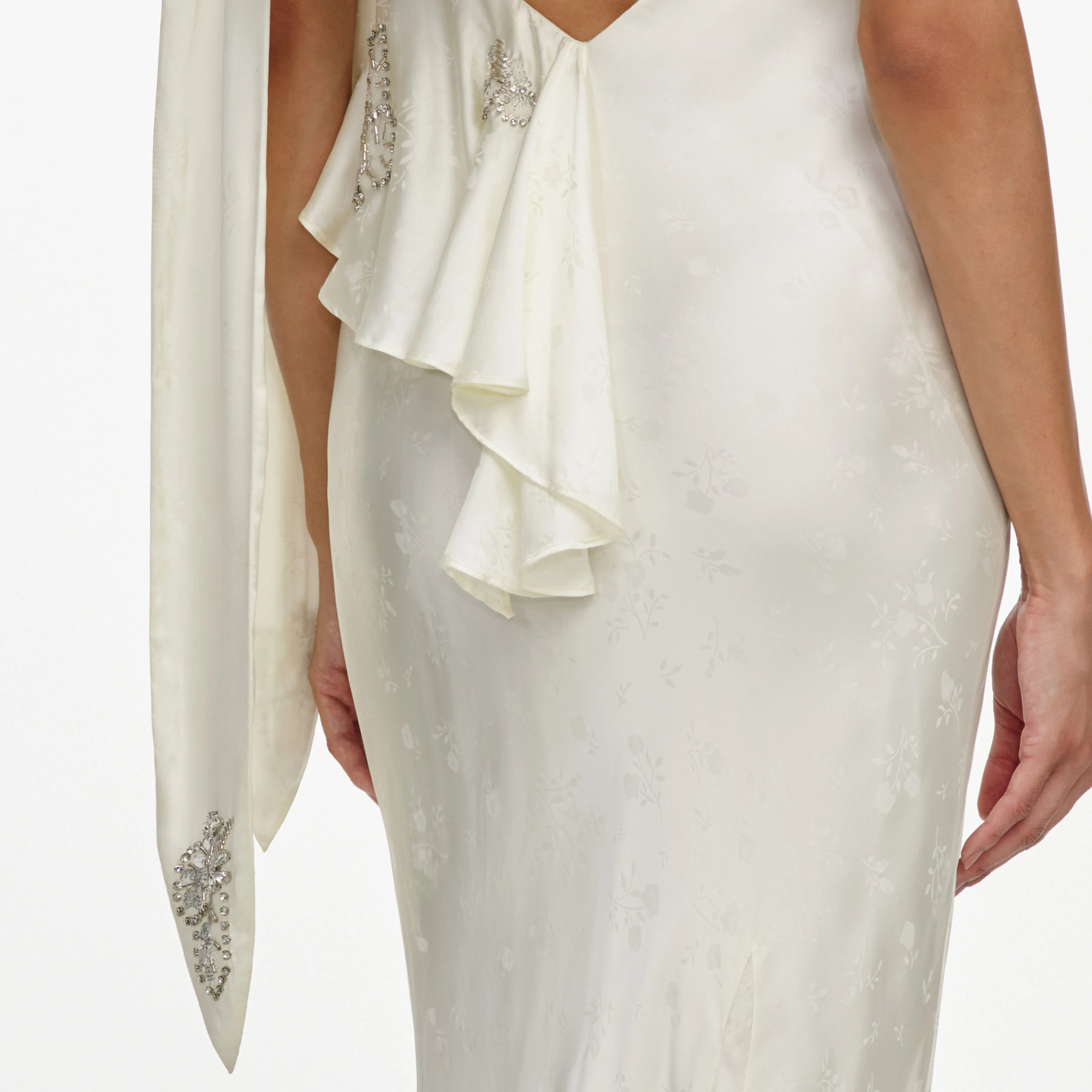 Cream Satin Jacquard Embellished Maxi Dress - Image 5