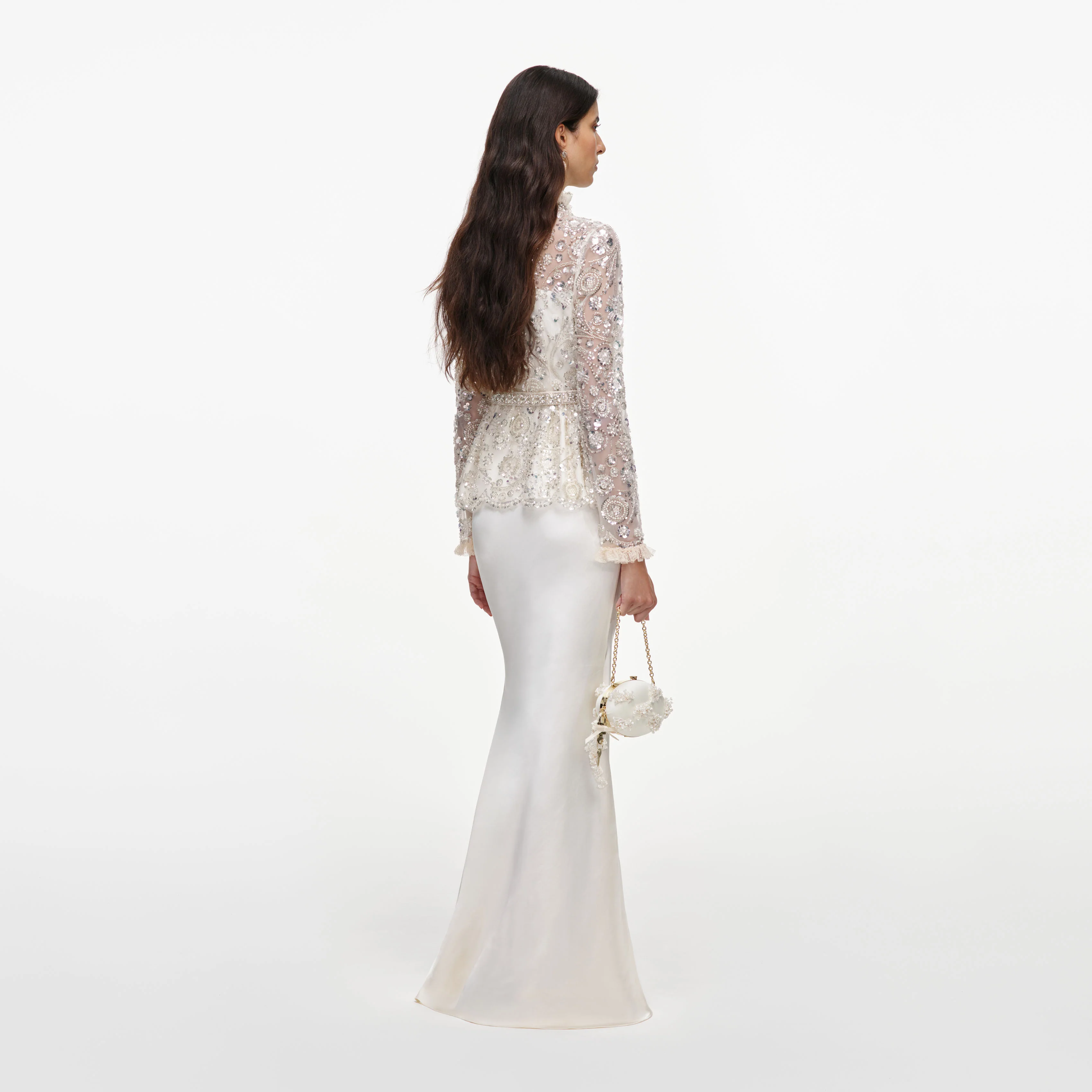 Cream Sequin Embellished Satin Maxi Dress - Image 3