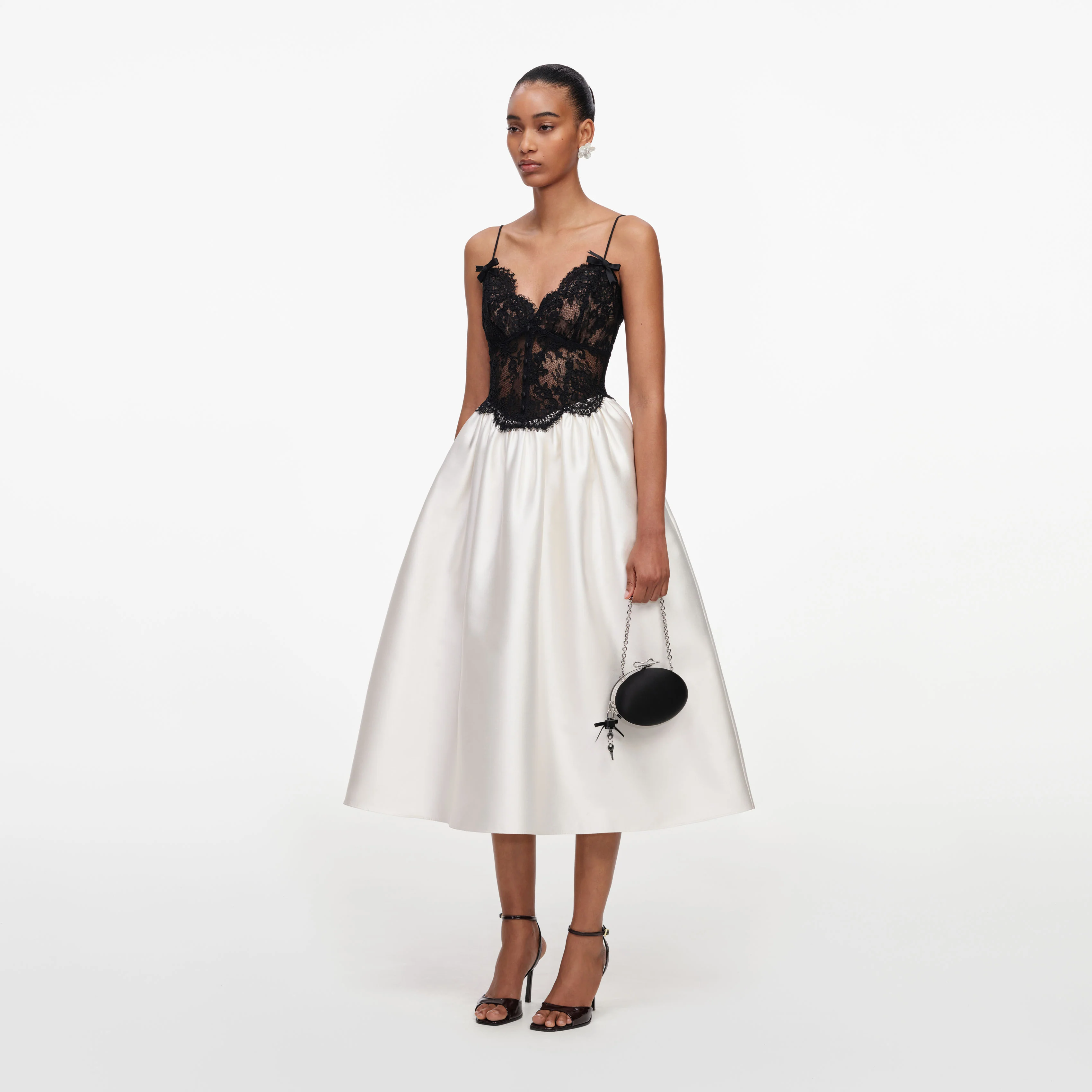 Cream Taffeta Contrast Lace Midi Dress - Image 2