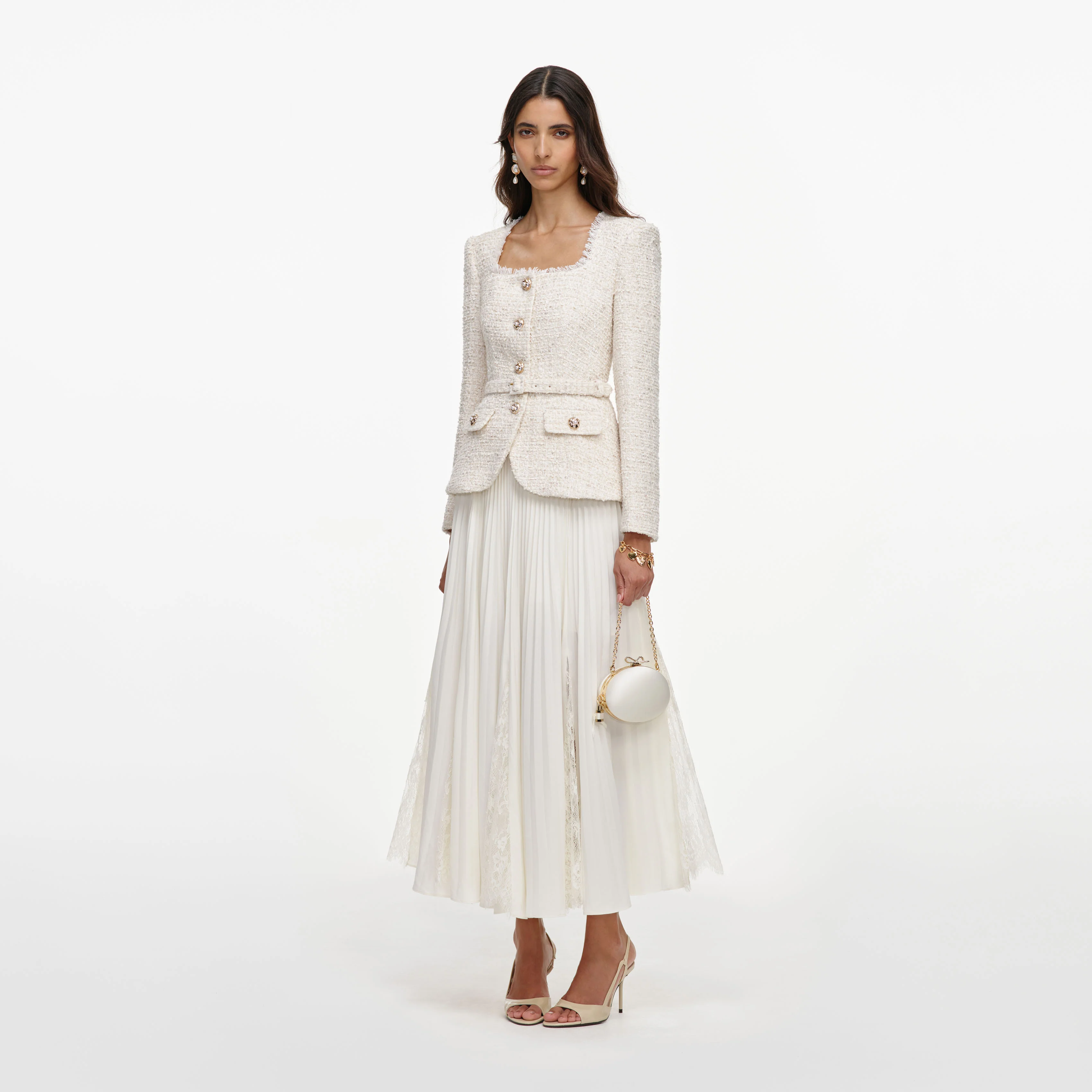 Cream Tailored Boucle And Chiffon Midi Dress - Image 2