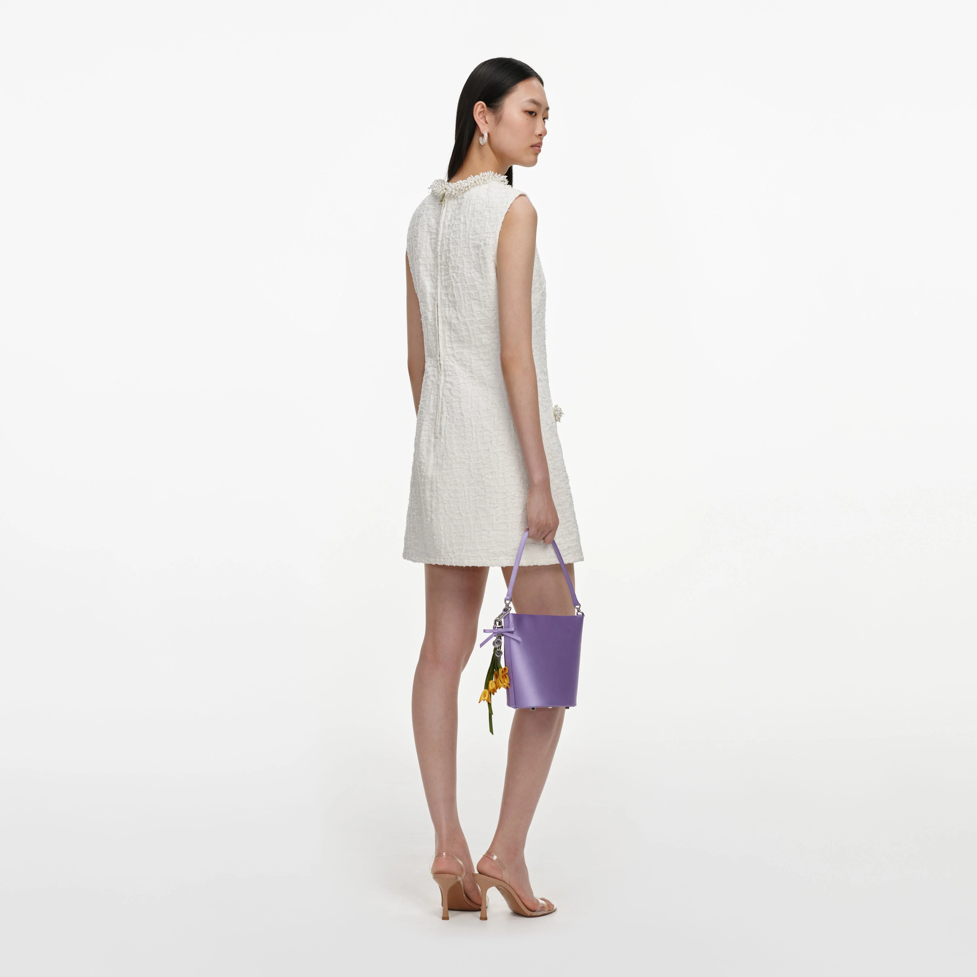 Cream Textured Denim Mini Dress - Image 3