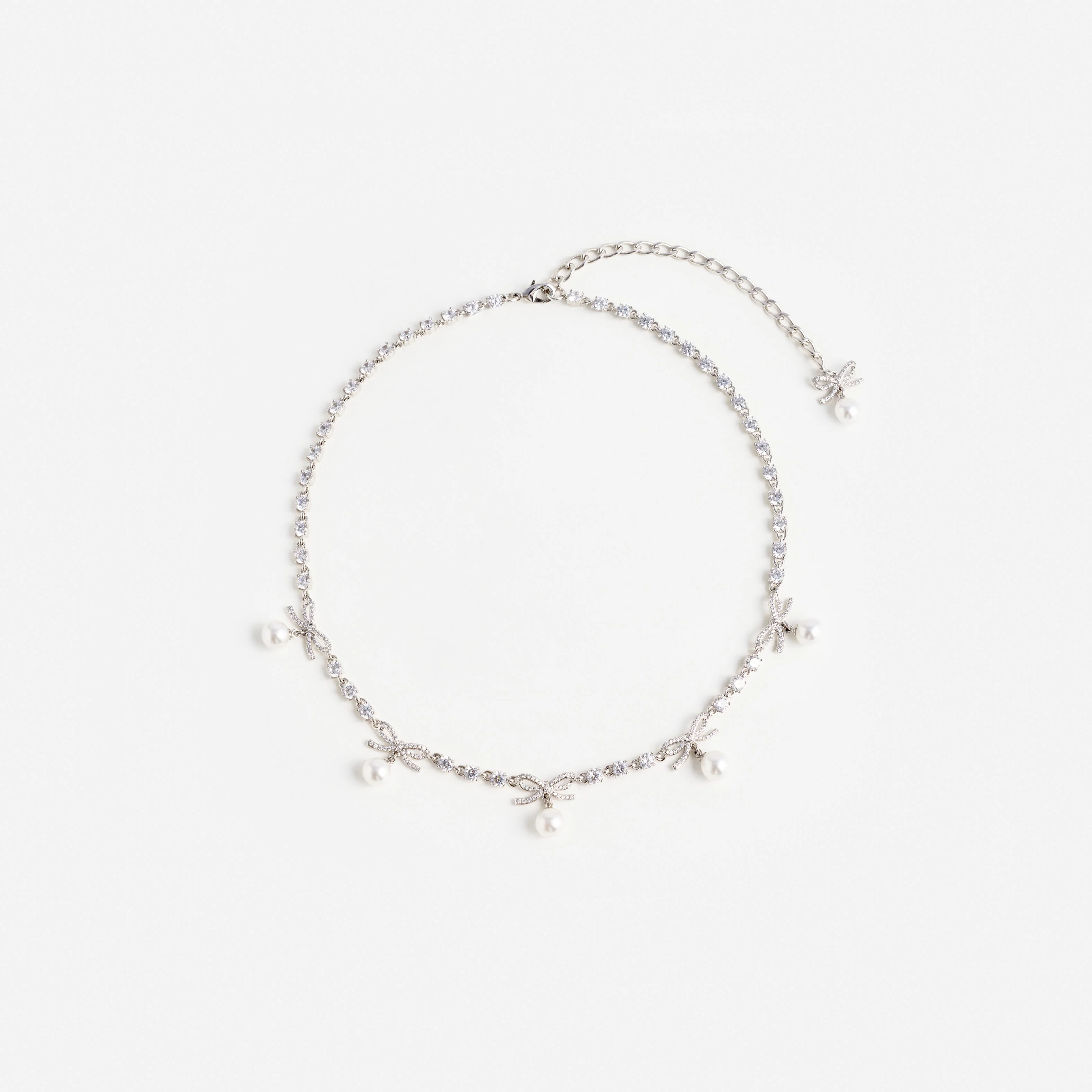 Crystal Bow Pearl Charm Necklace
