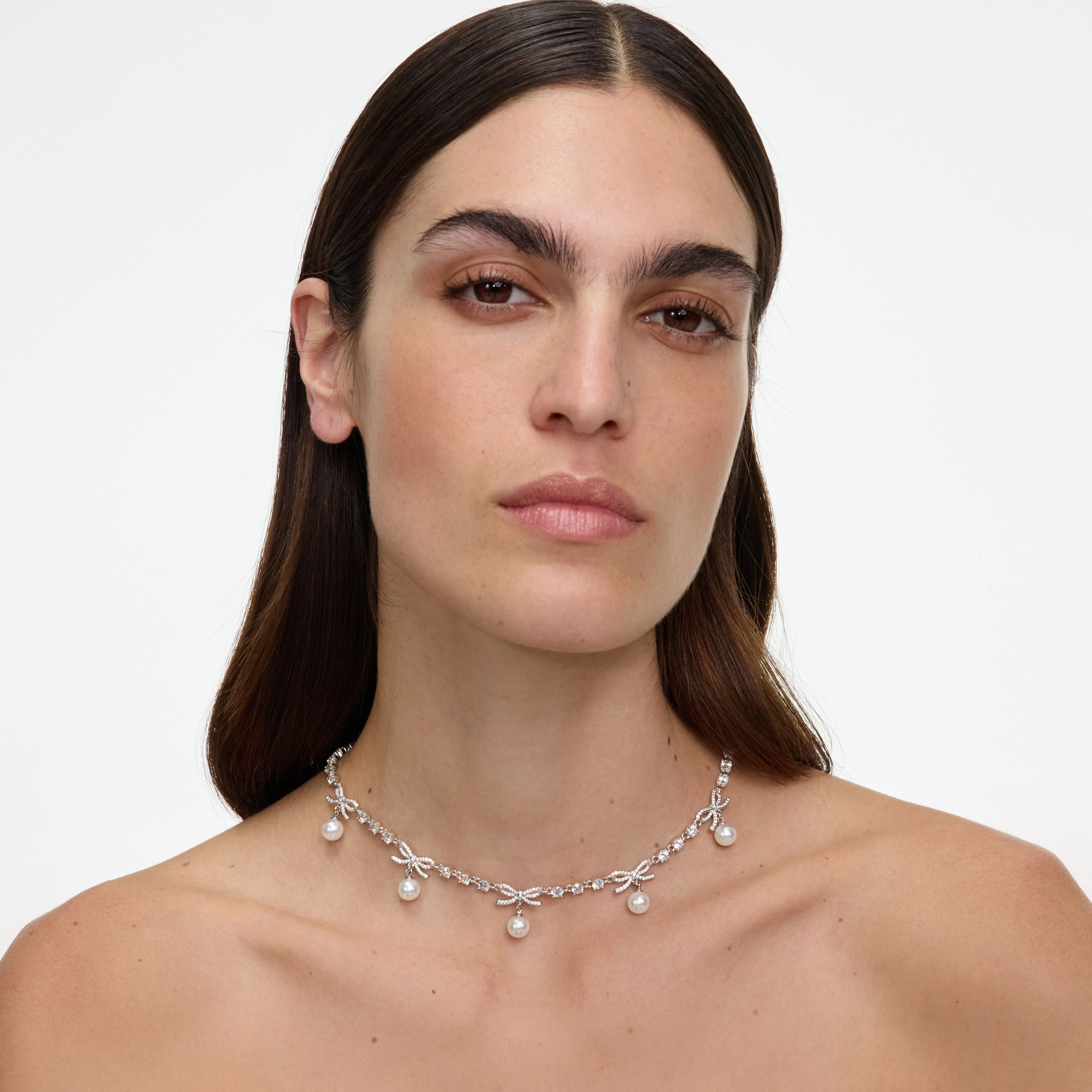 Crystal Bow Pearl Charm Necklace - Image 2