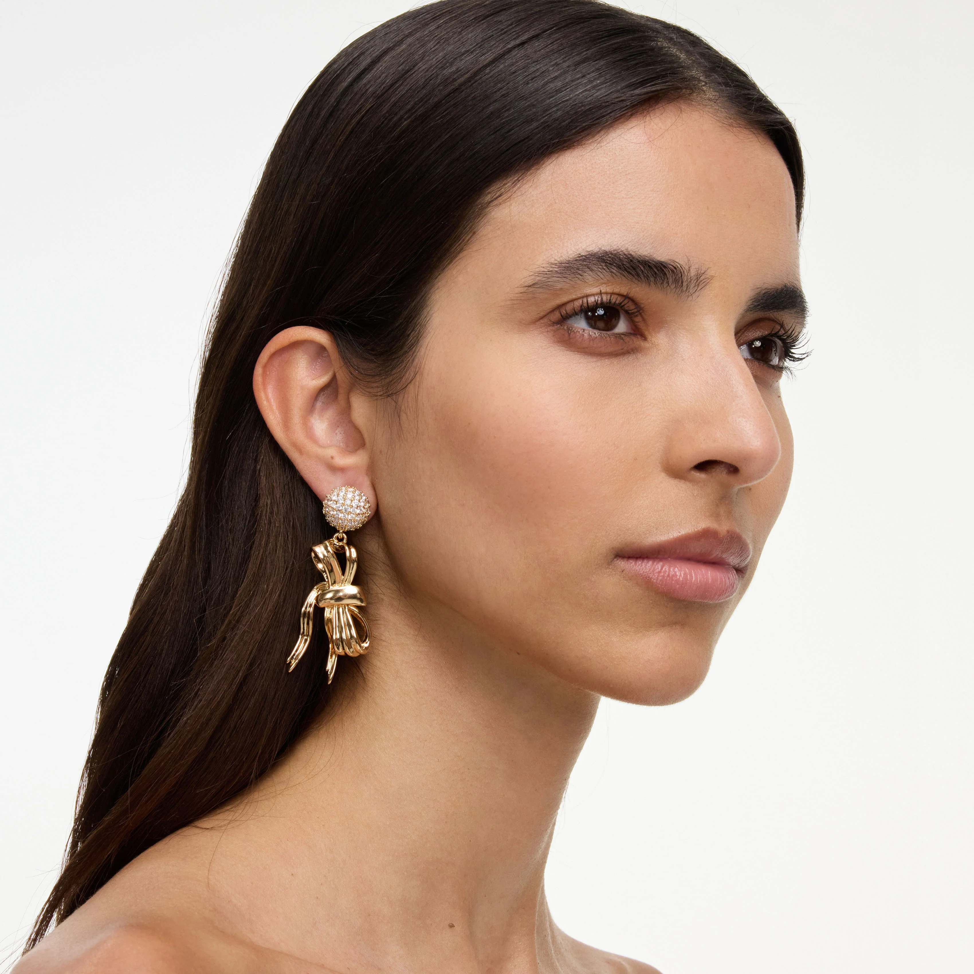 Gold Crystal Sideward Bow Earring - Image 2