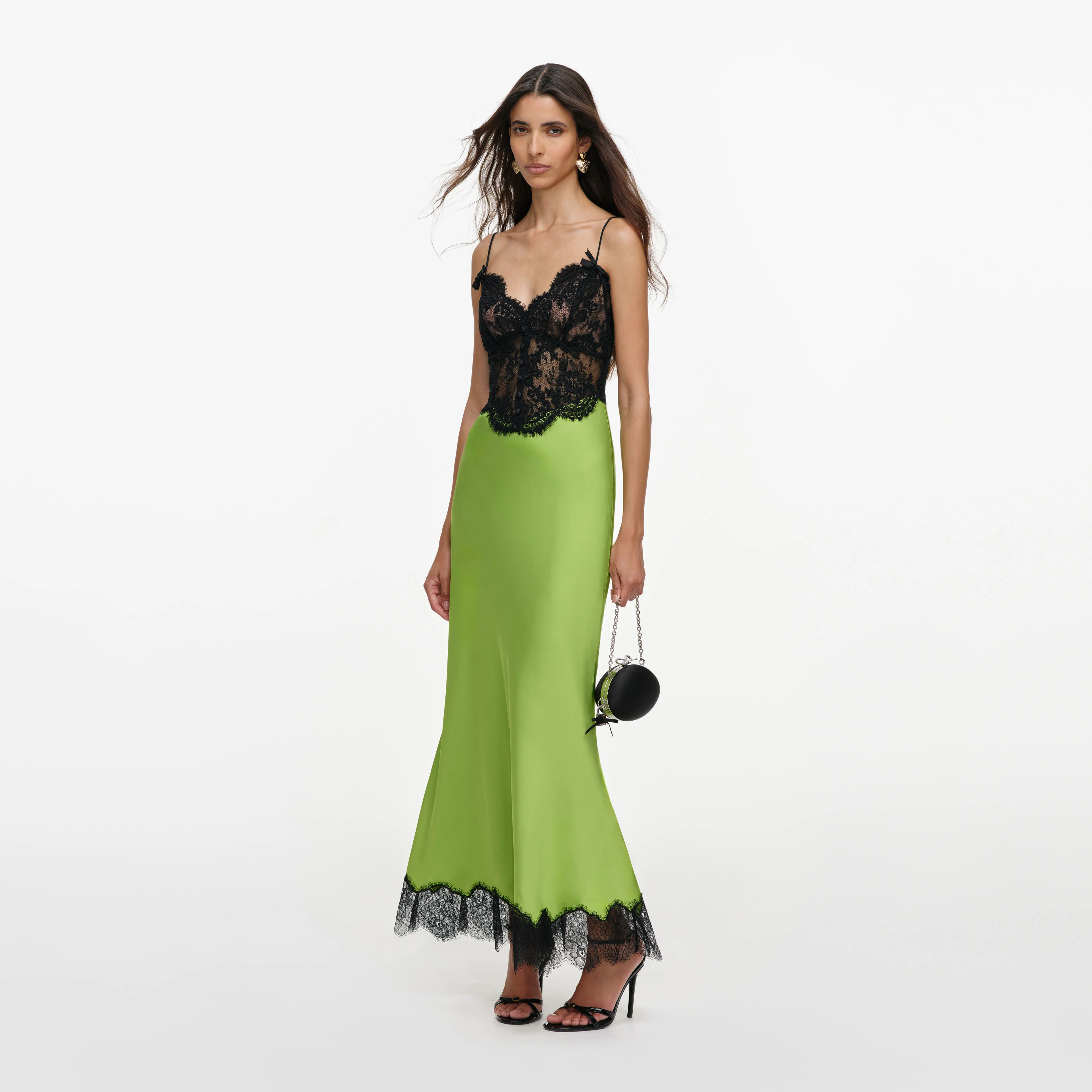 Green Satin Lace Midi Dress - Image 2