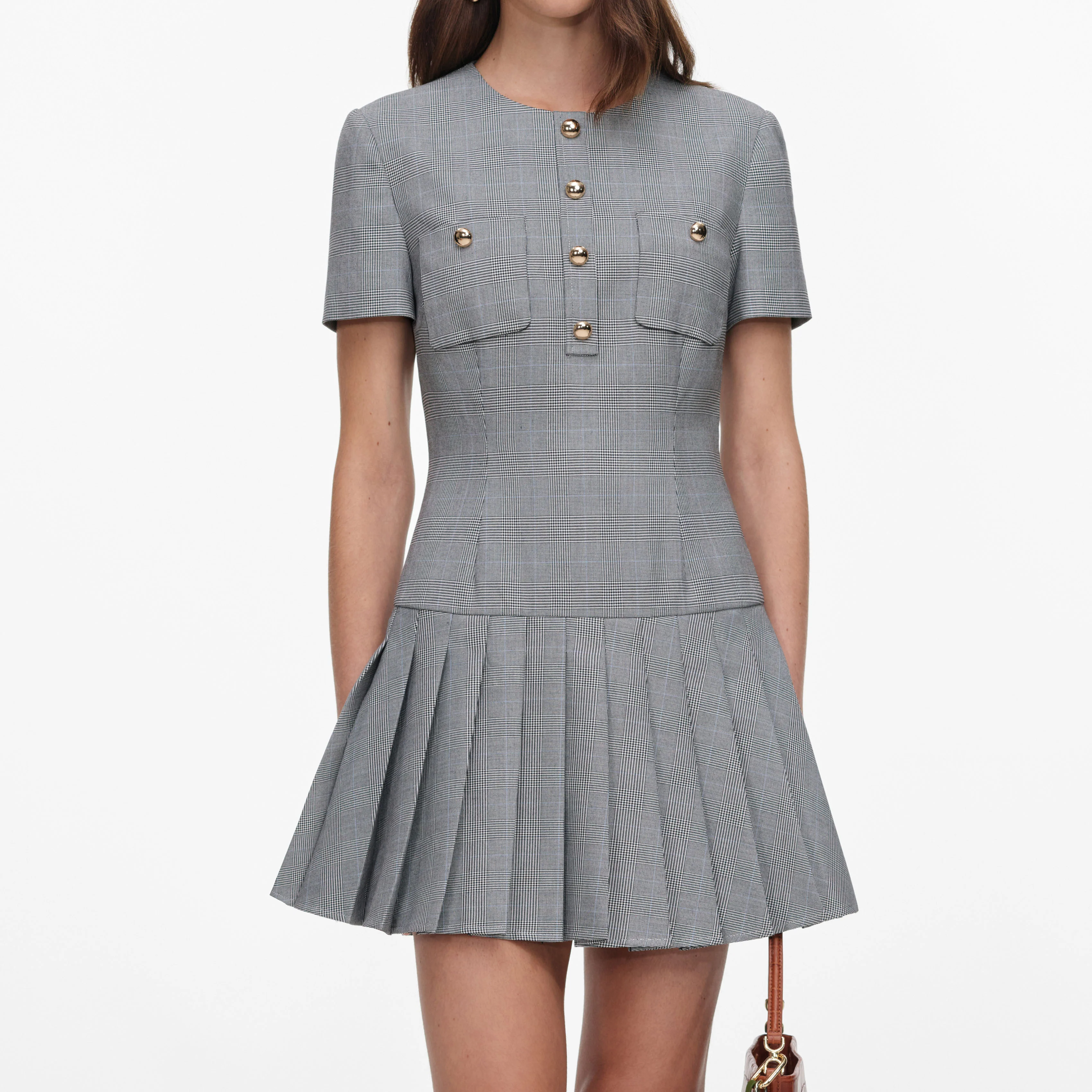 Grey Check Pleated Mini Dress - Image 4