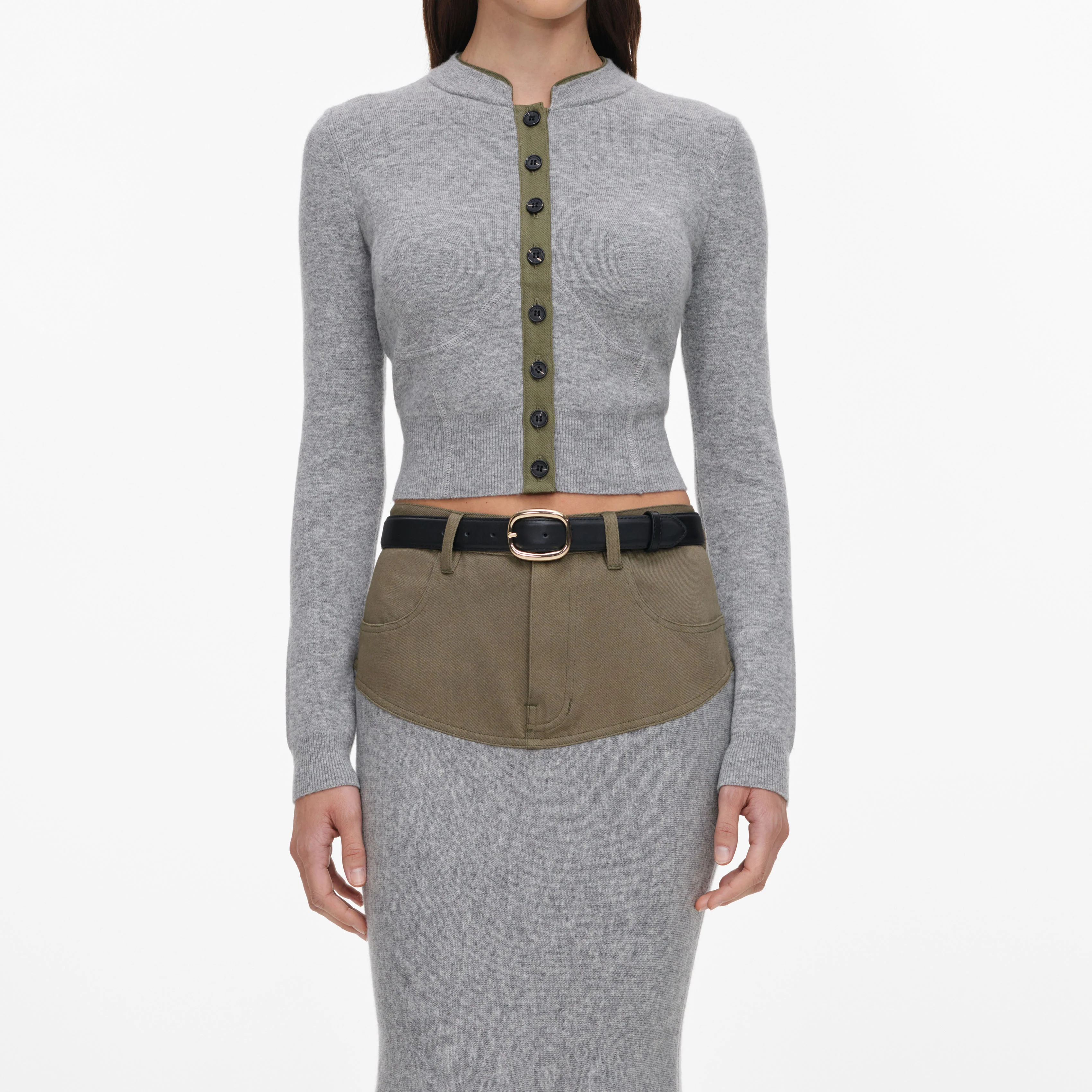 Grey Knit Khaki Denim Insert Midi Skirt - Image 4