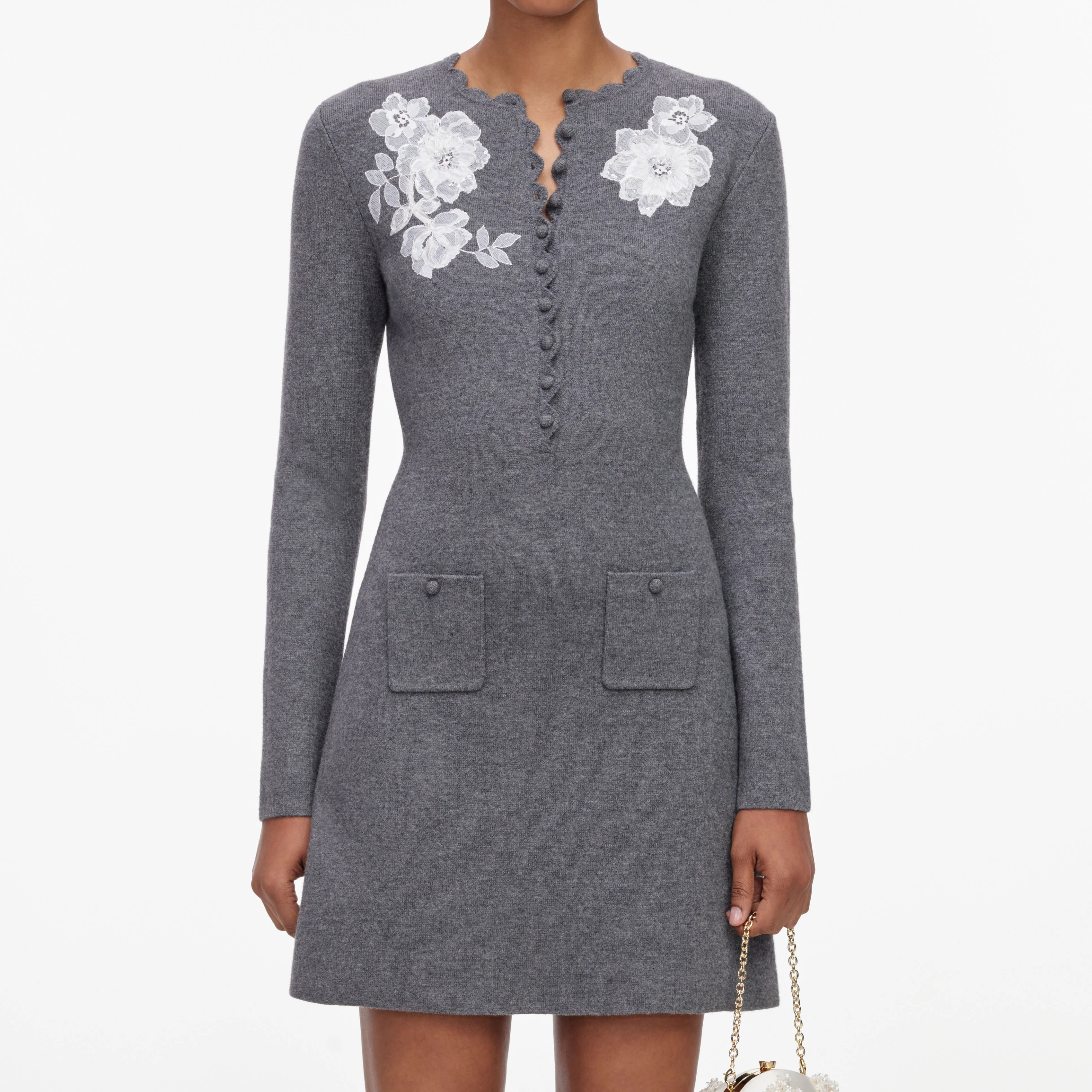 Grey Lace Flower Knit Mini Dress - Image 4