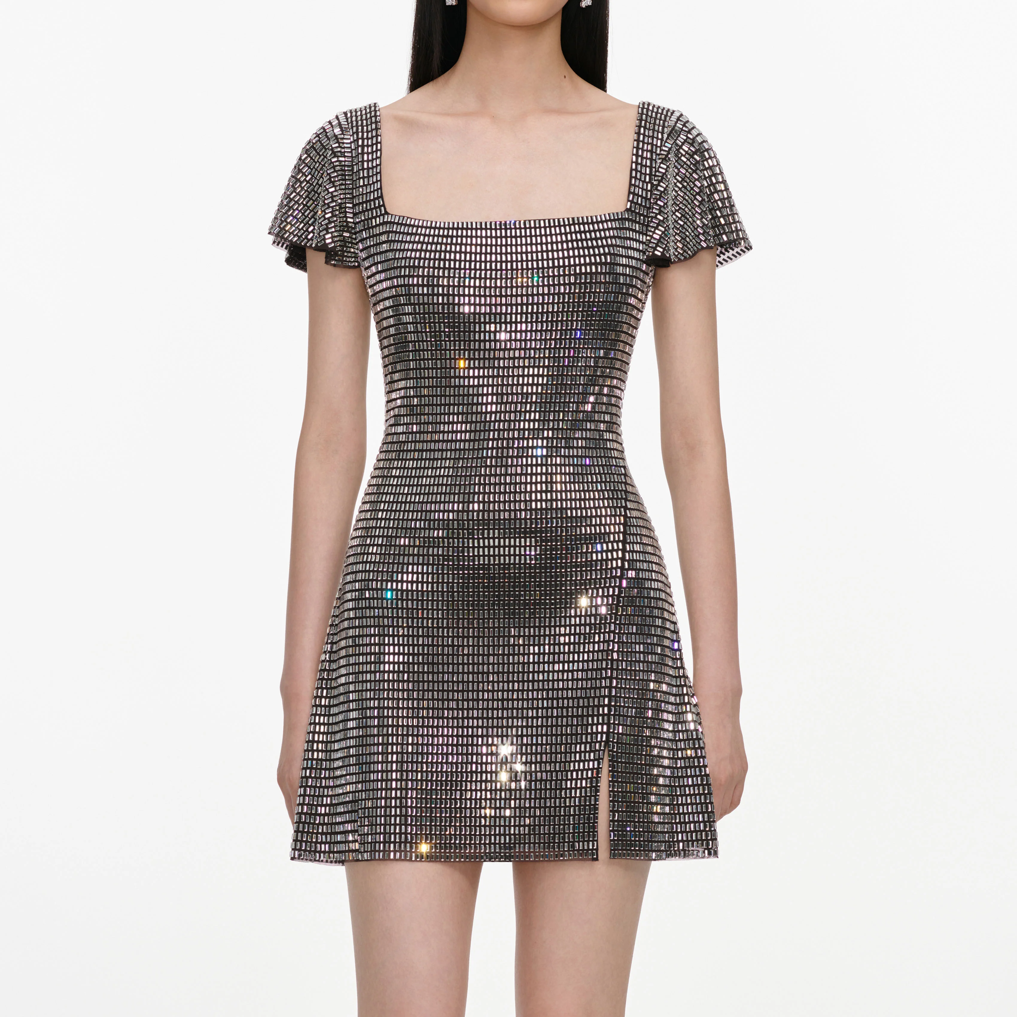 Grey Rhinestone Mesh Mini Dress - Image 4