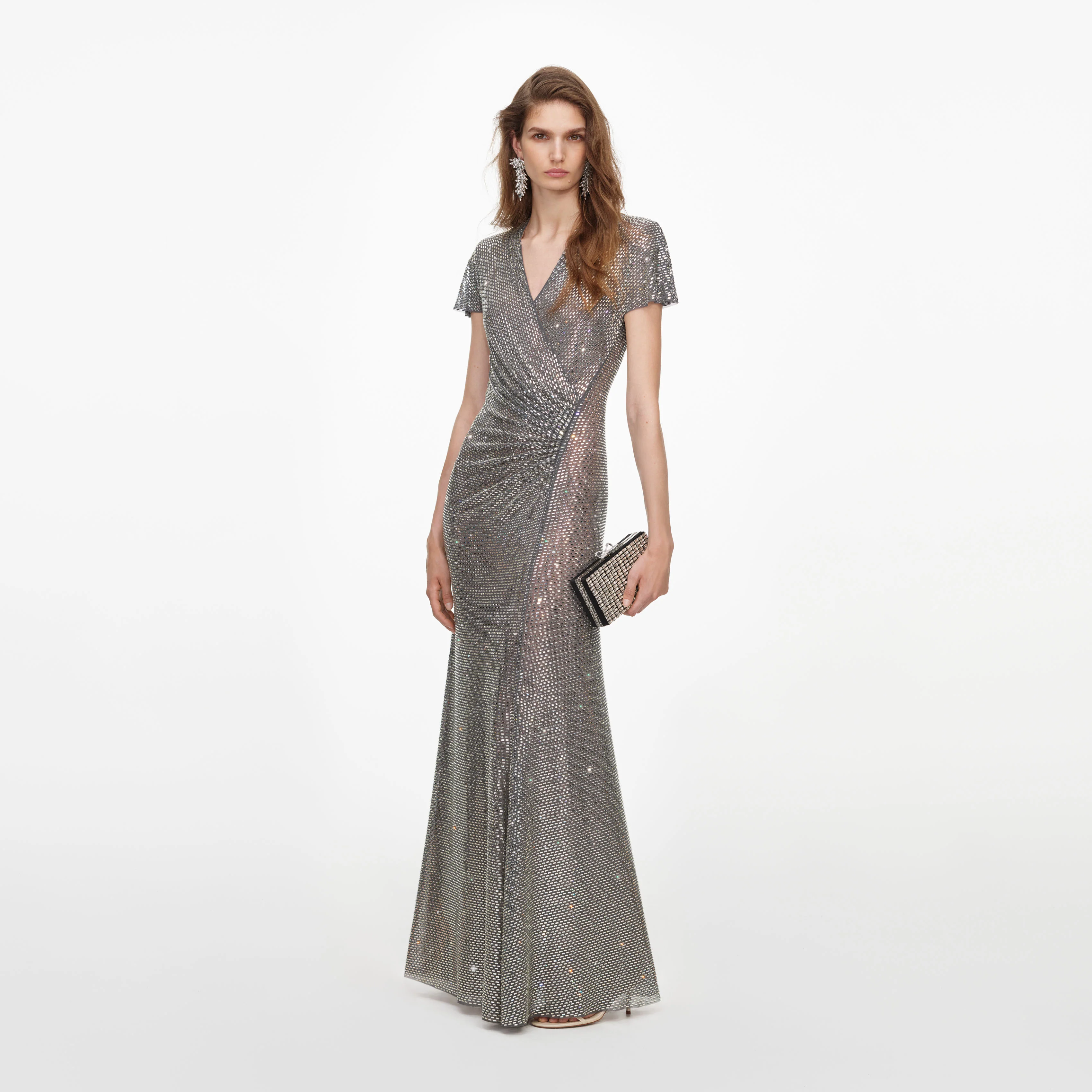 Grey Rhinestone Mesh Wrap Maxi Dress - Image 2