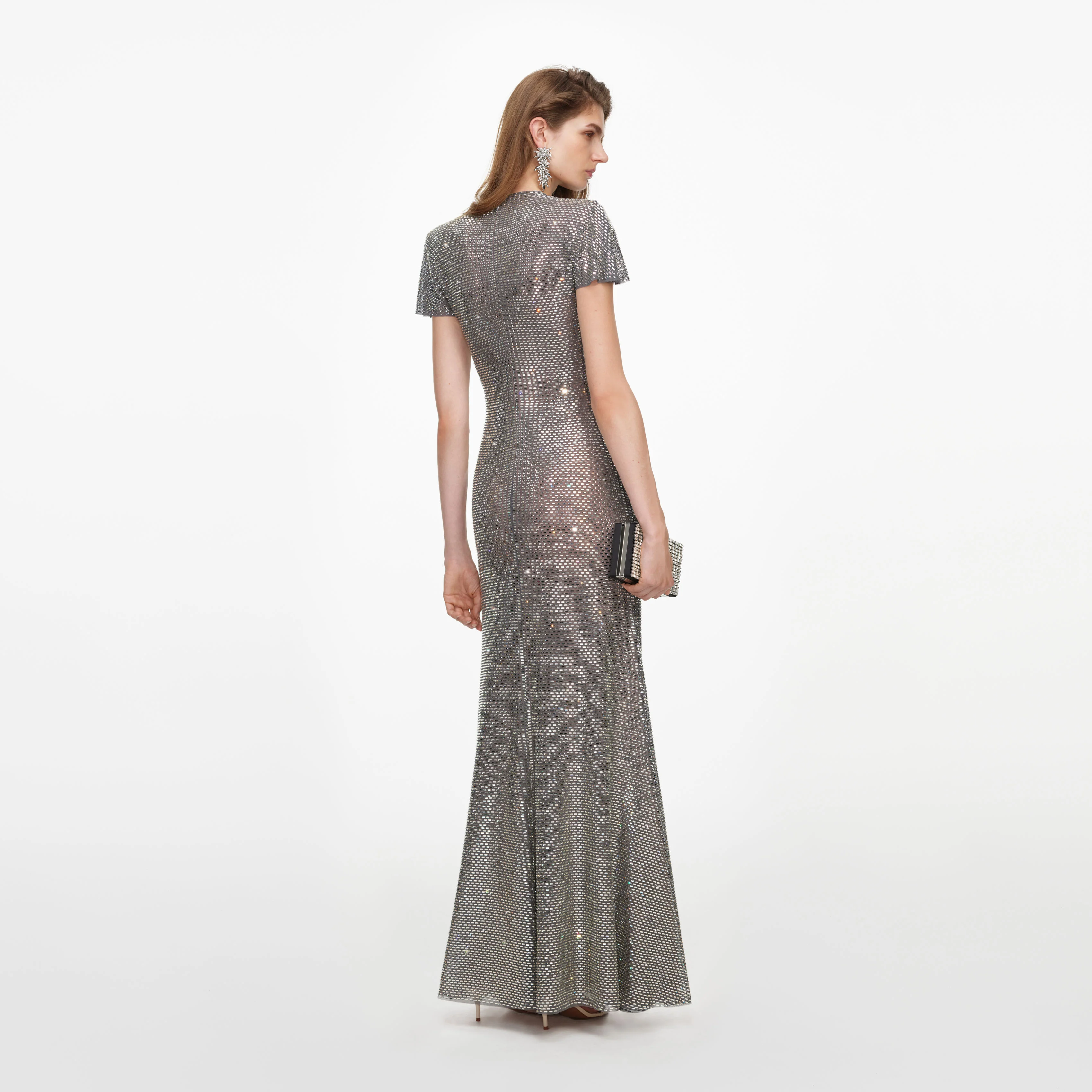 Grey Rhinestone Mesh Wrap Maxi Dress - Image 3