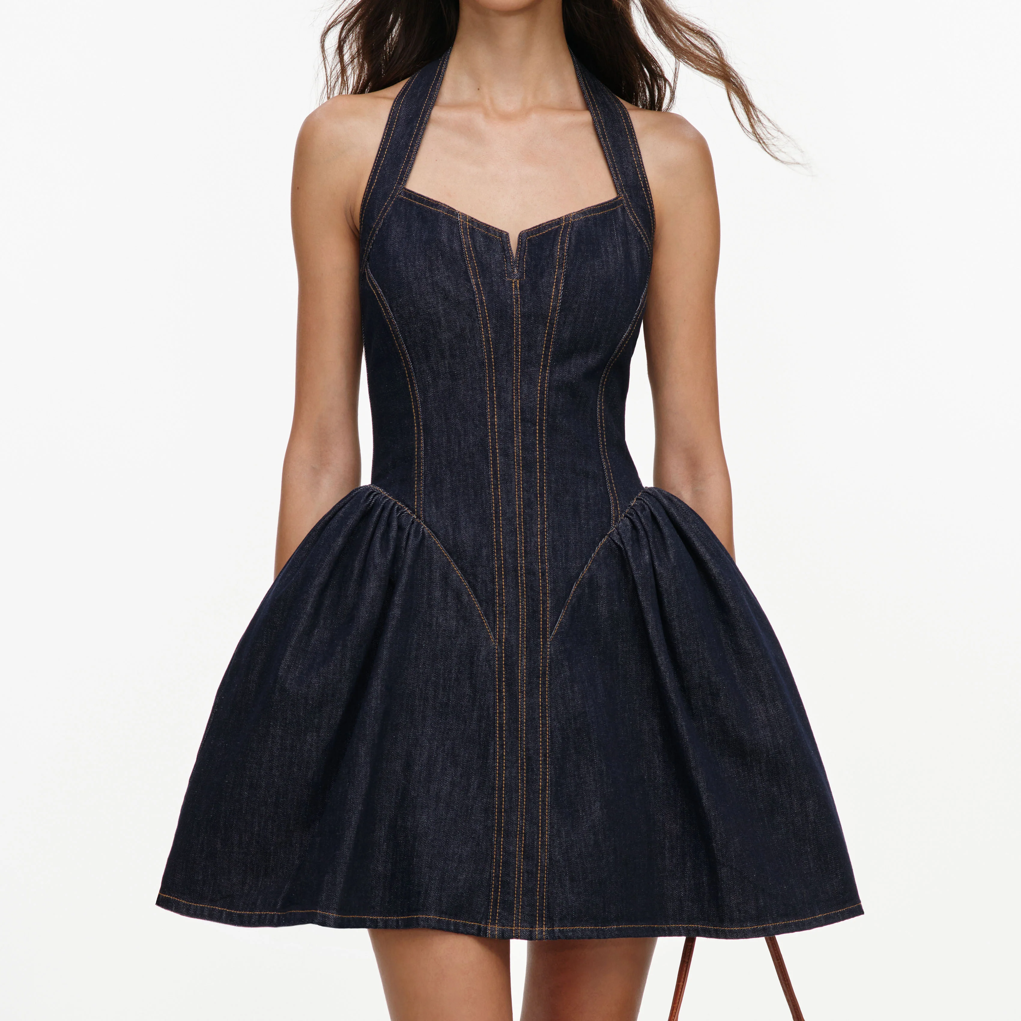 Indigo Denim Halterneck Flared Mini Dress - Image 4