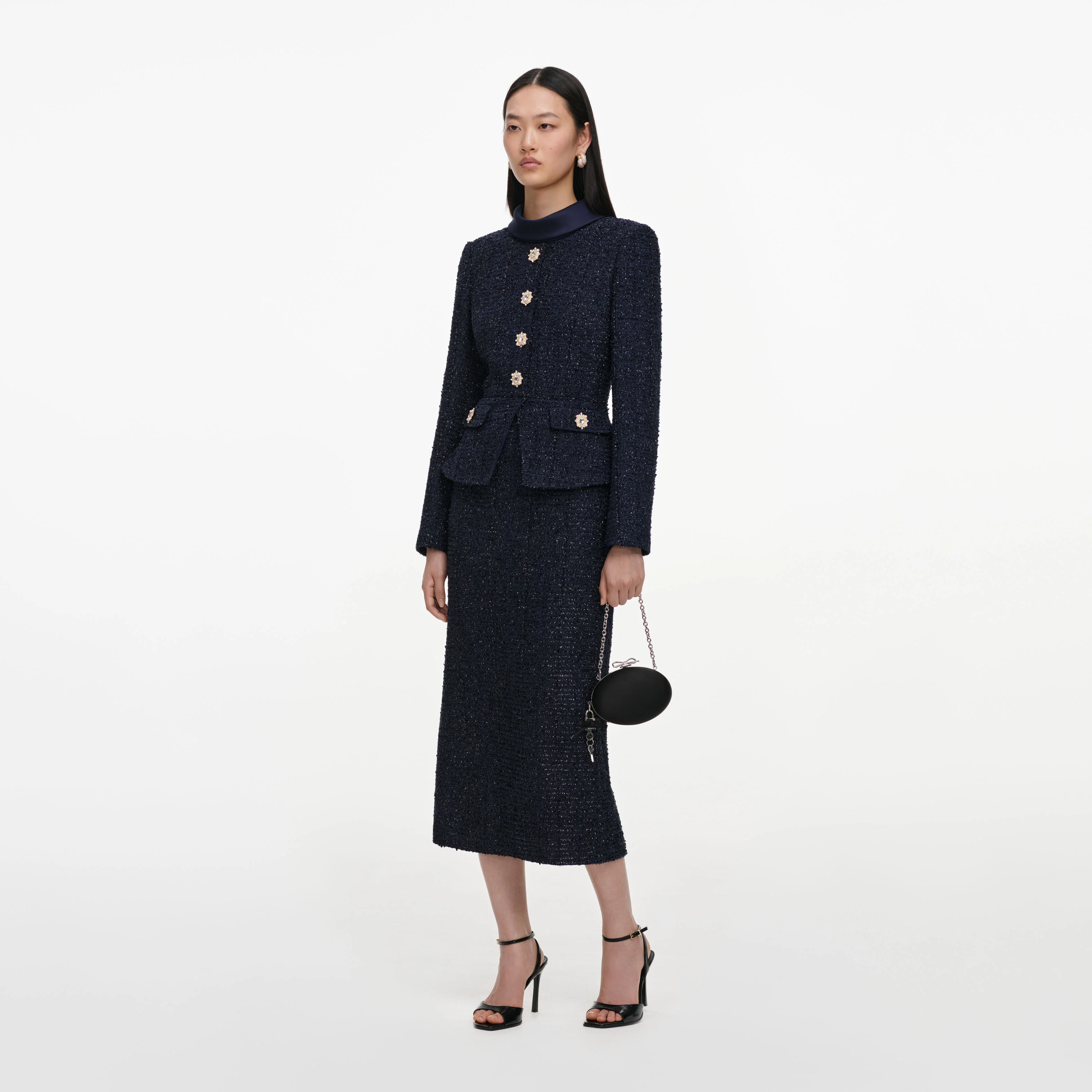 Navy Boucle Tailored Midi Dress - Image 2