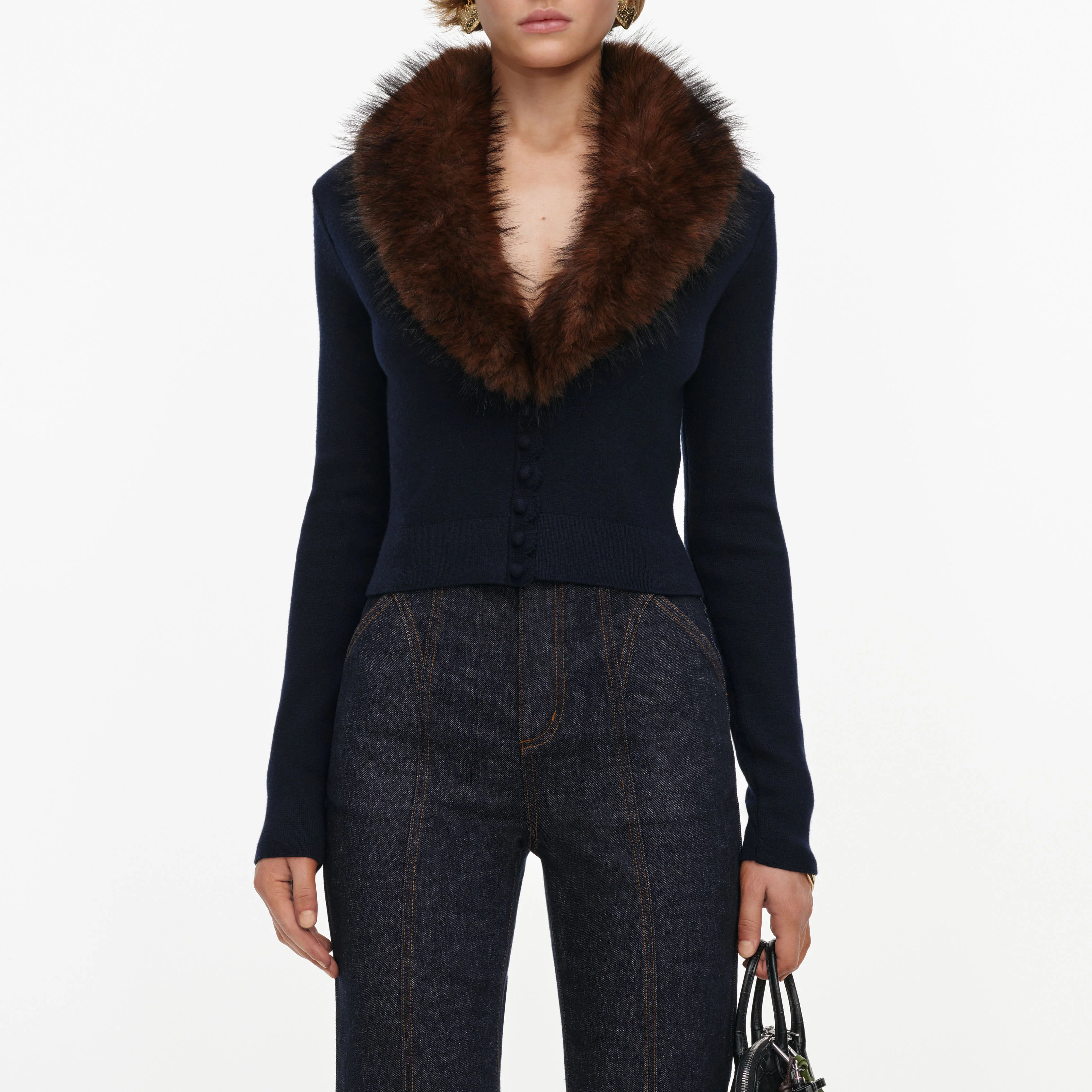 Navy Faux Fur Knit Cardigan - Image 4