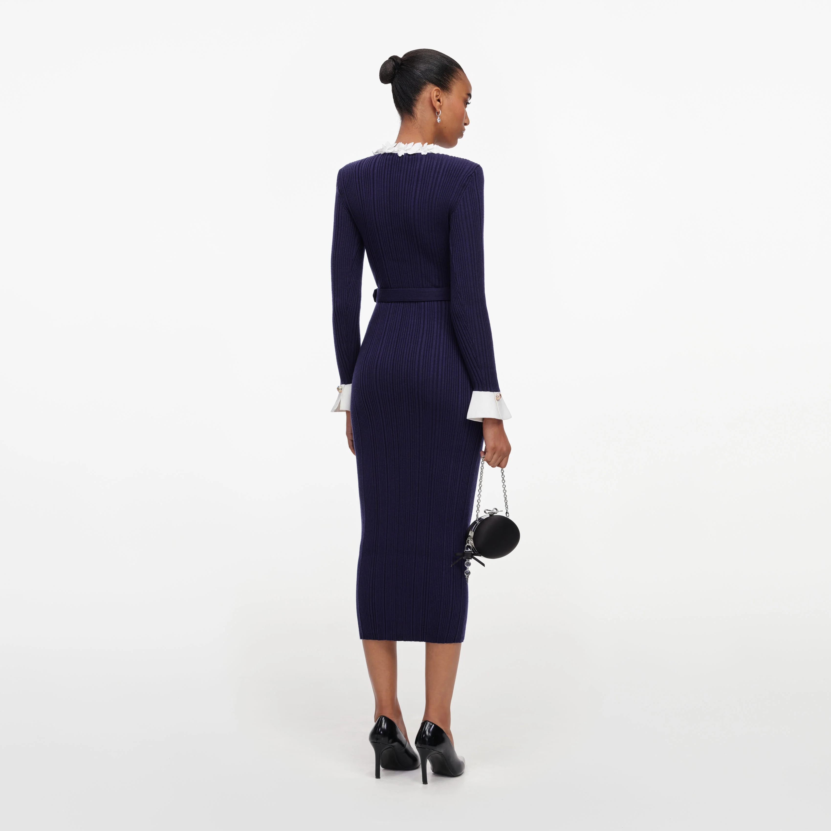 Navy Flower Rib Knit Midi Dress - Image 3