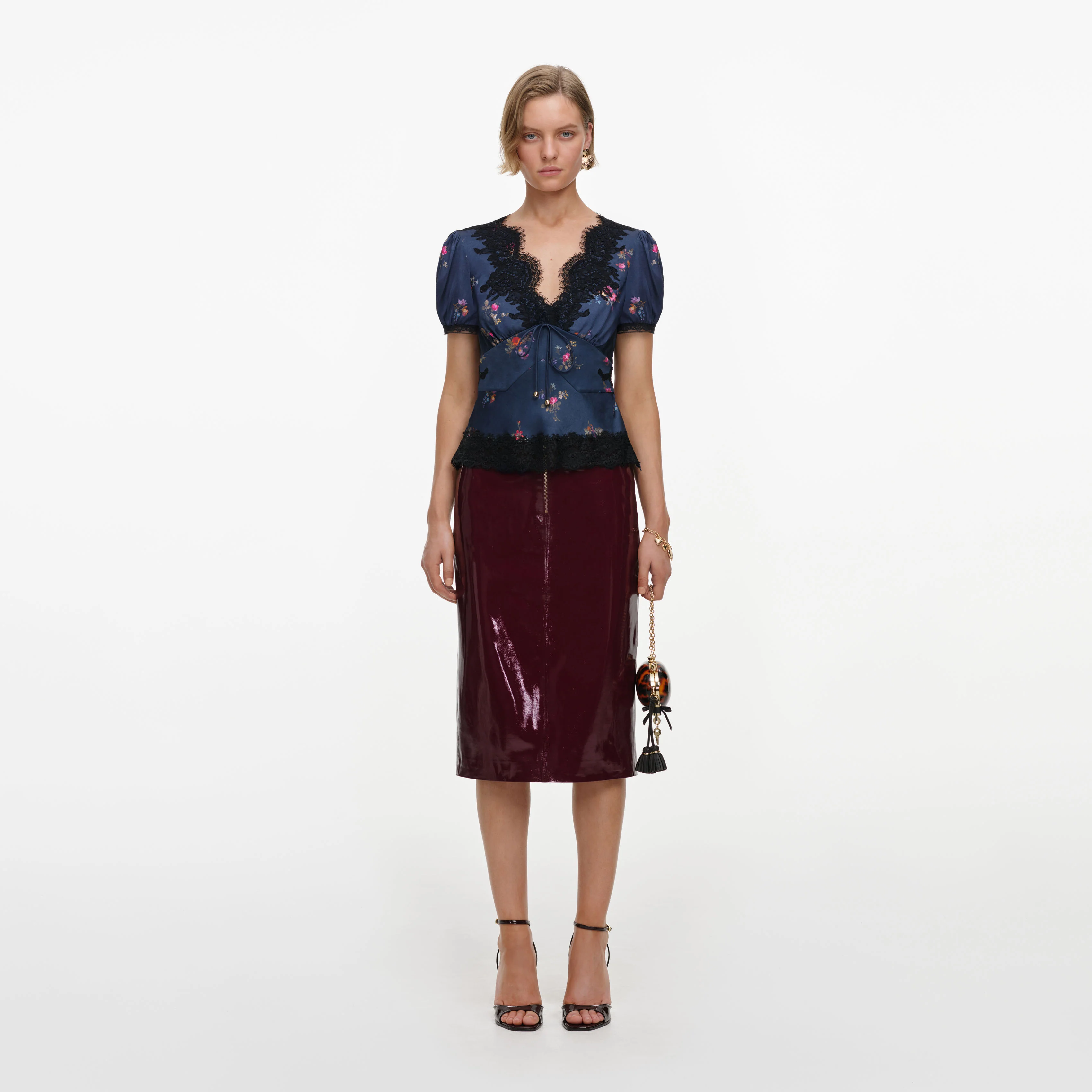 Navy Satin Printed Lace Top