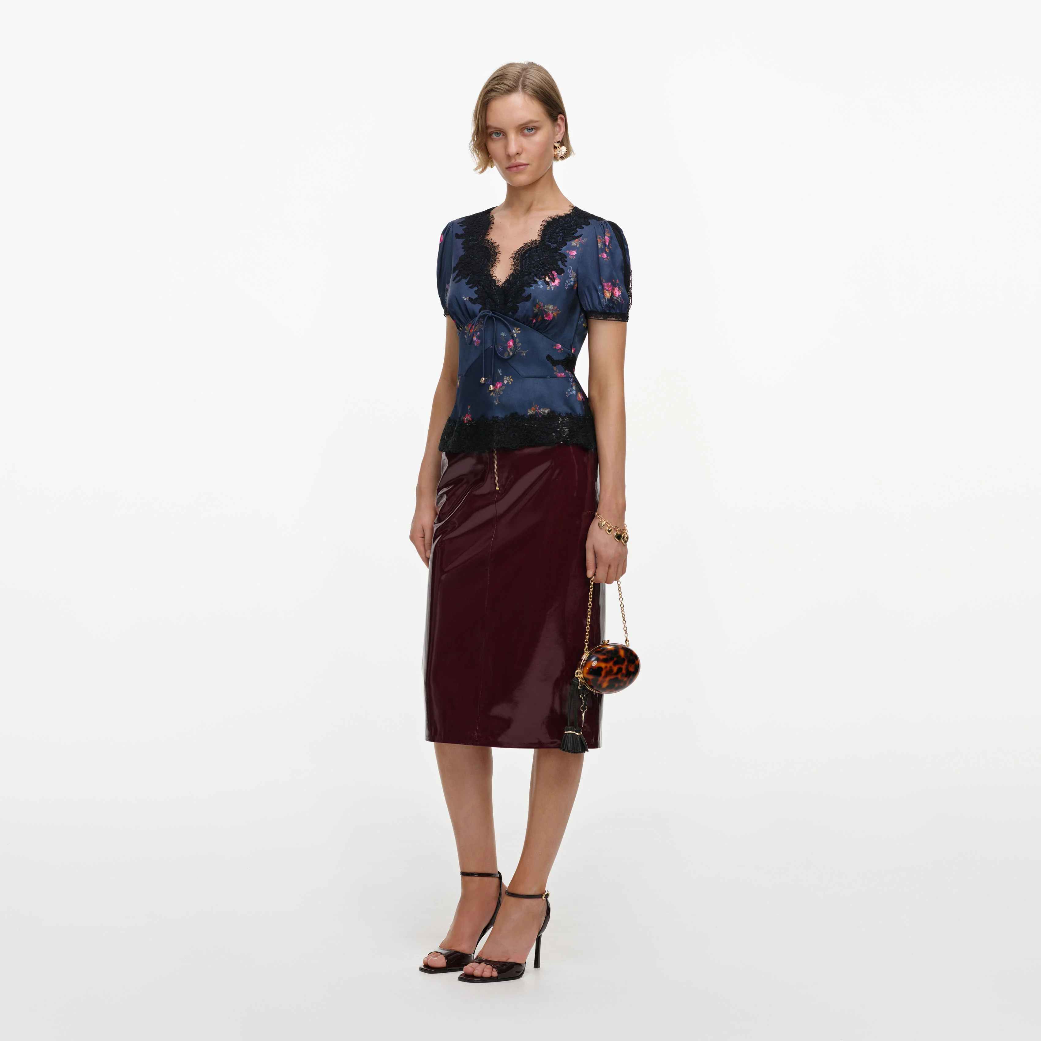 Navy Satin Printed Lace Top - Image 2