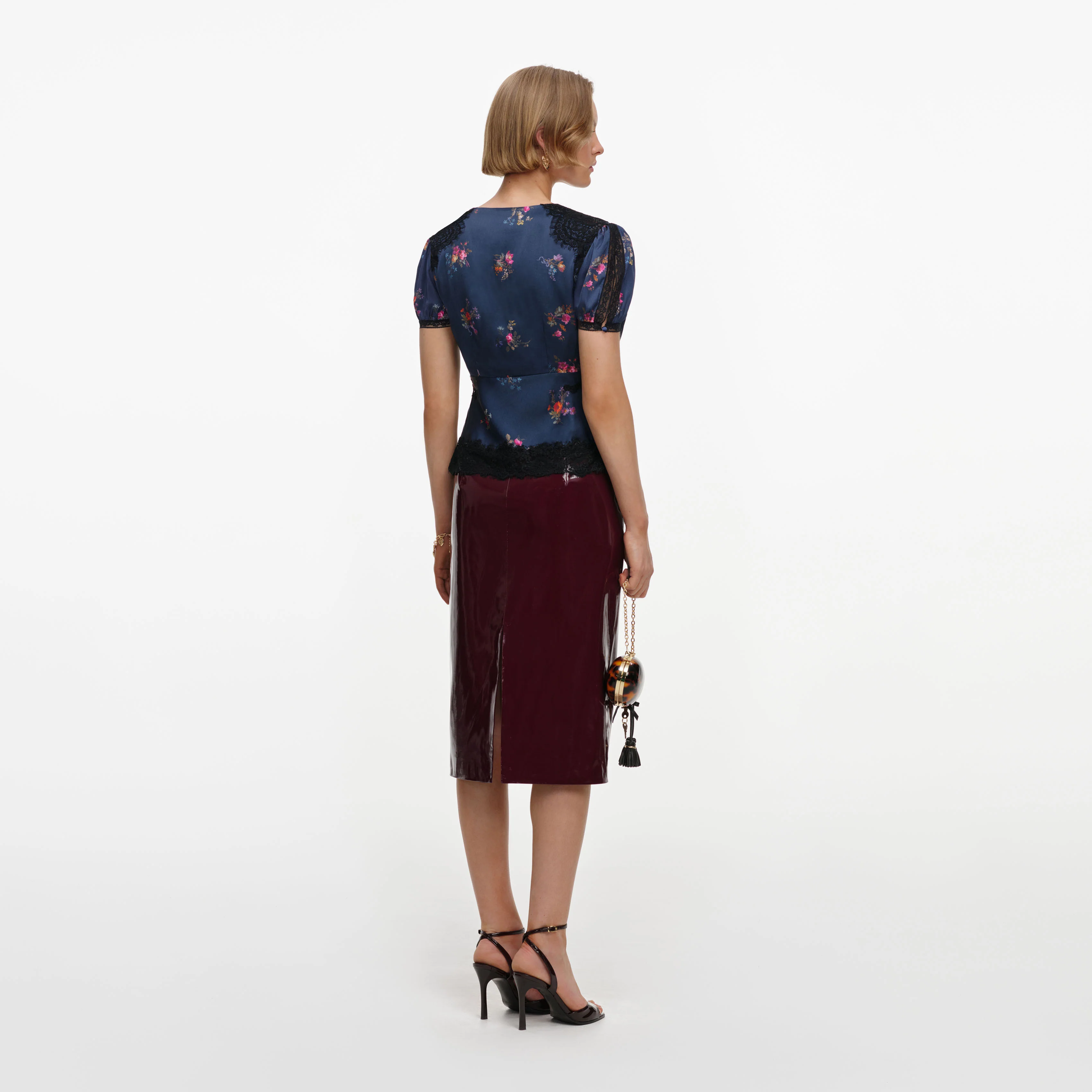 Navy Satin Printed Lace Top - Image 3