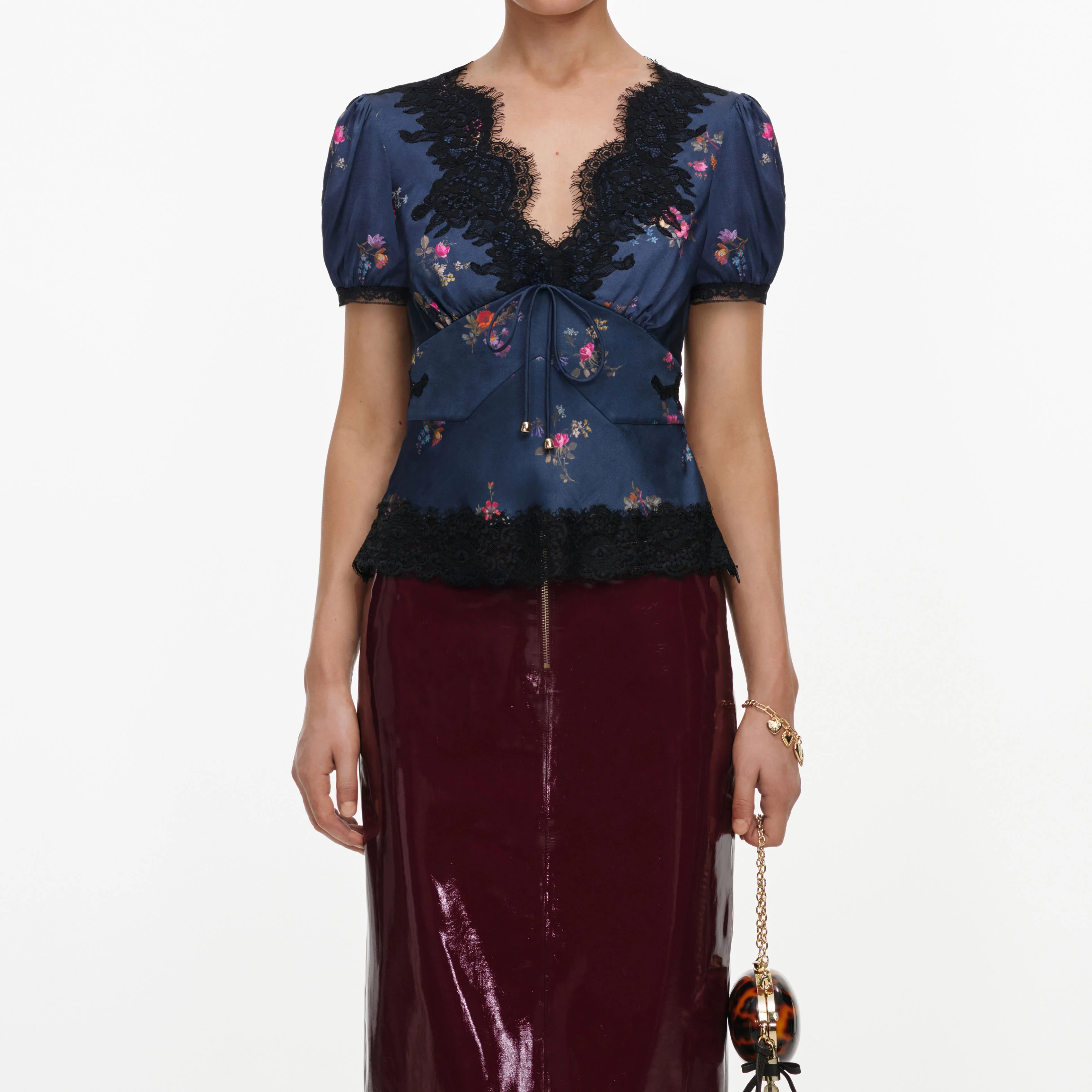 Navy Satin Printed Lace Top - Image 4