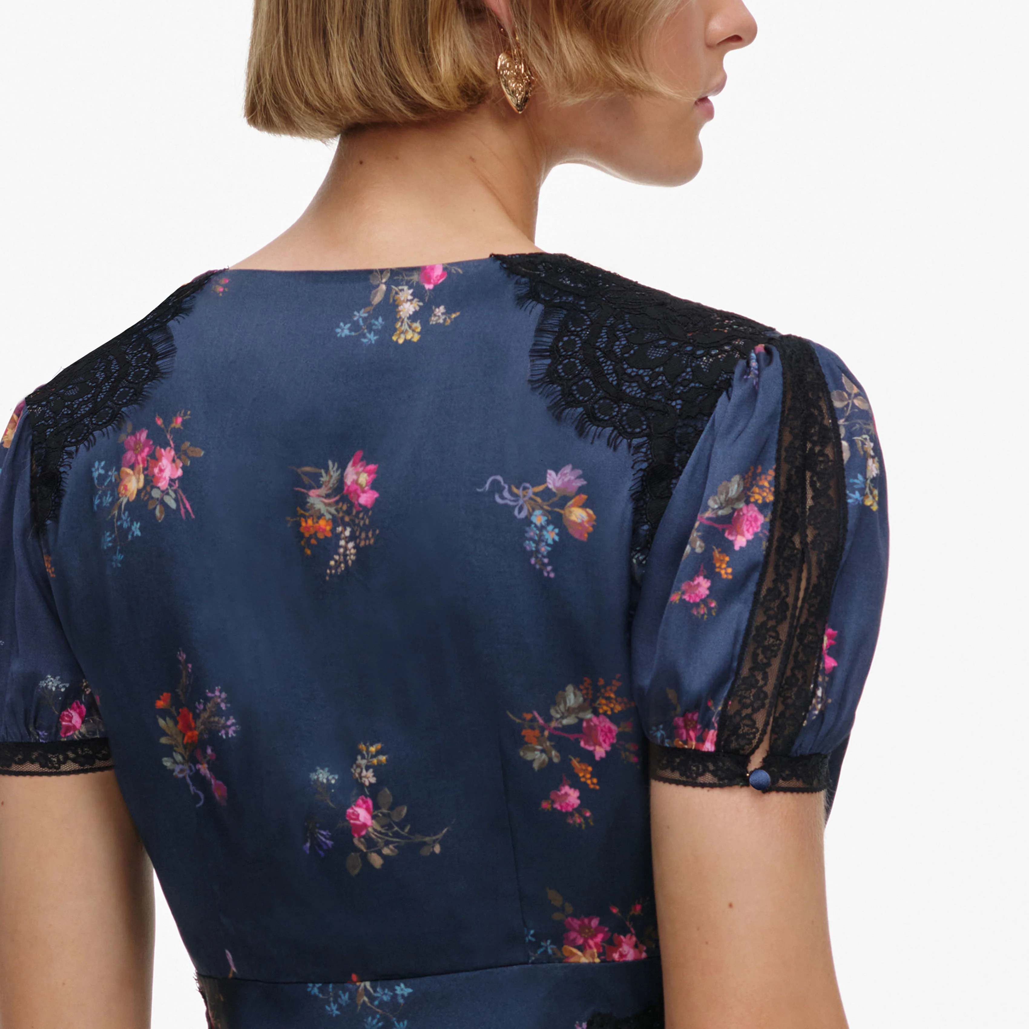 Navy Satin Printed Lace Top - Image 5